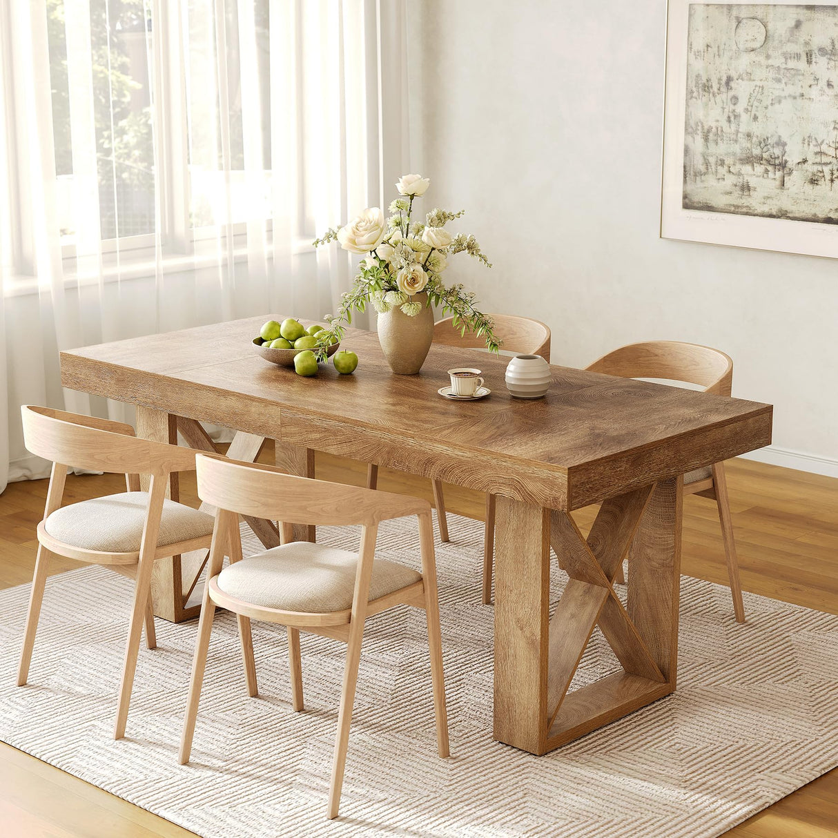 LITTLE TREE 63-Inch Rectangle Dining Table for 4-6 People, Farmhouse Thick Appearance Design, Rectangular Kitchen Dinner Table for Home, Rustic Yellowish Brown LITTLE TREE