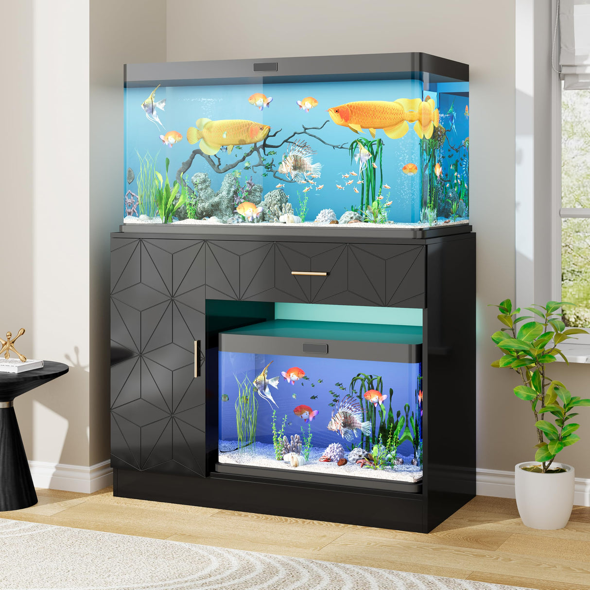 kepptory Heavy-Duty 40 Gallon Aquarium Stand, Modern Dual Tank Cabinet with Hidden Cord Organizer & 550lbs Capacity, 30-50 Gallon Fish Tank Stand, Waterproof and Adjustable Shelf, Black kepptory