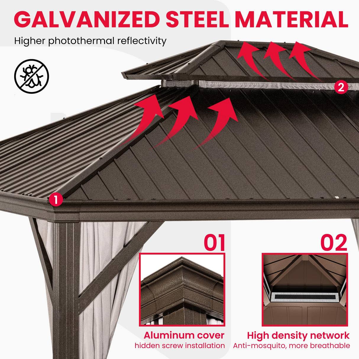 PAMAPIC 12'x14' Hardtop Gazebo, Double Roof Canopy with Netting and Curtains,2-Tier Hardtop Gazebo with Galvanized Iron Aluminum Frame, GardenTent for Backyard, Parties, Garden, Brown Pamapic