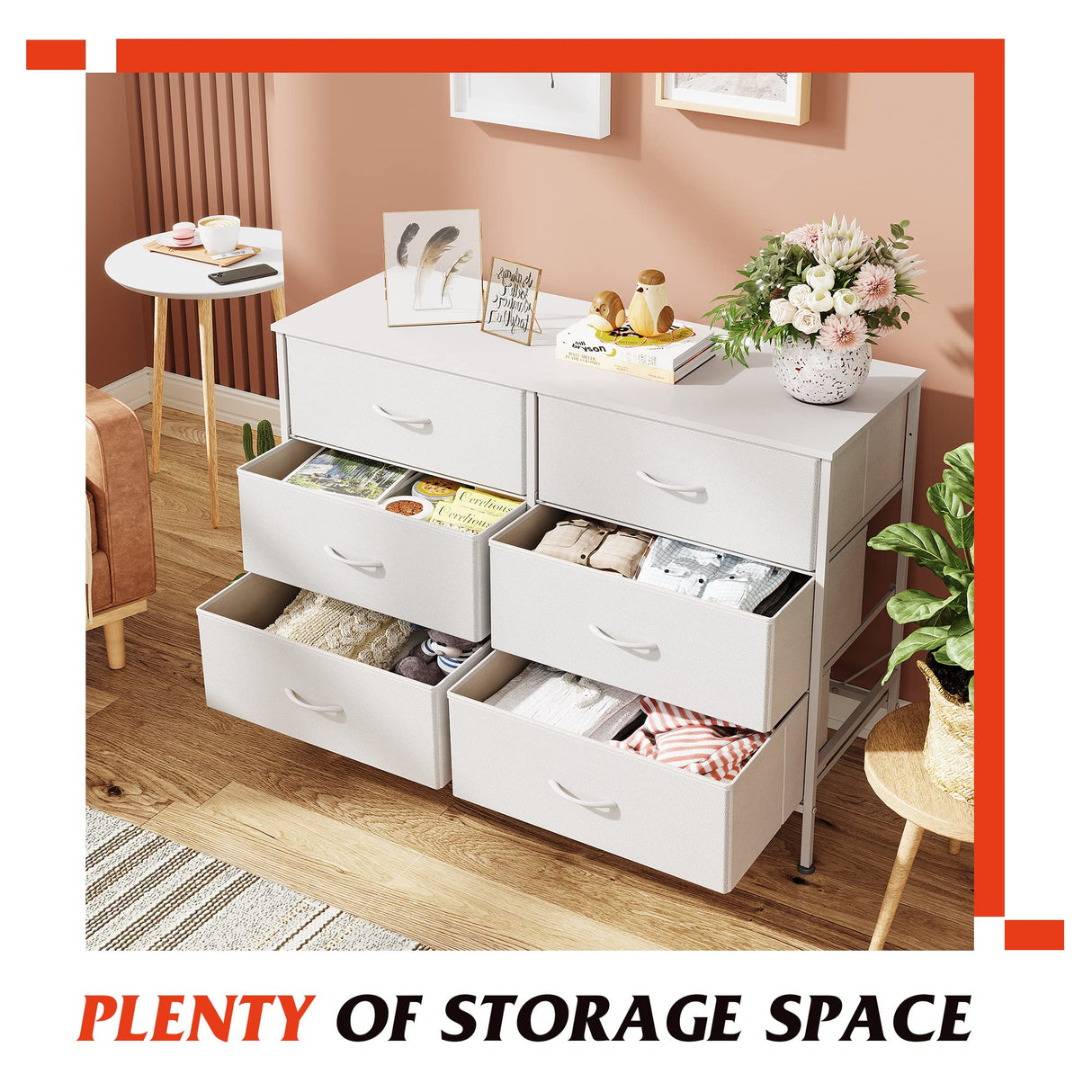 WLIVE Wide Dresser with 6 Drawers, TV Stand for 50" TV, Entertainment Center with Metal Frame, Wooden Top, Fabric Storage Dresser for Bedroom, Hallway, Entryway, White WLIVE