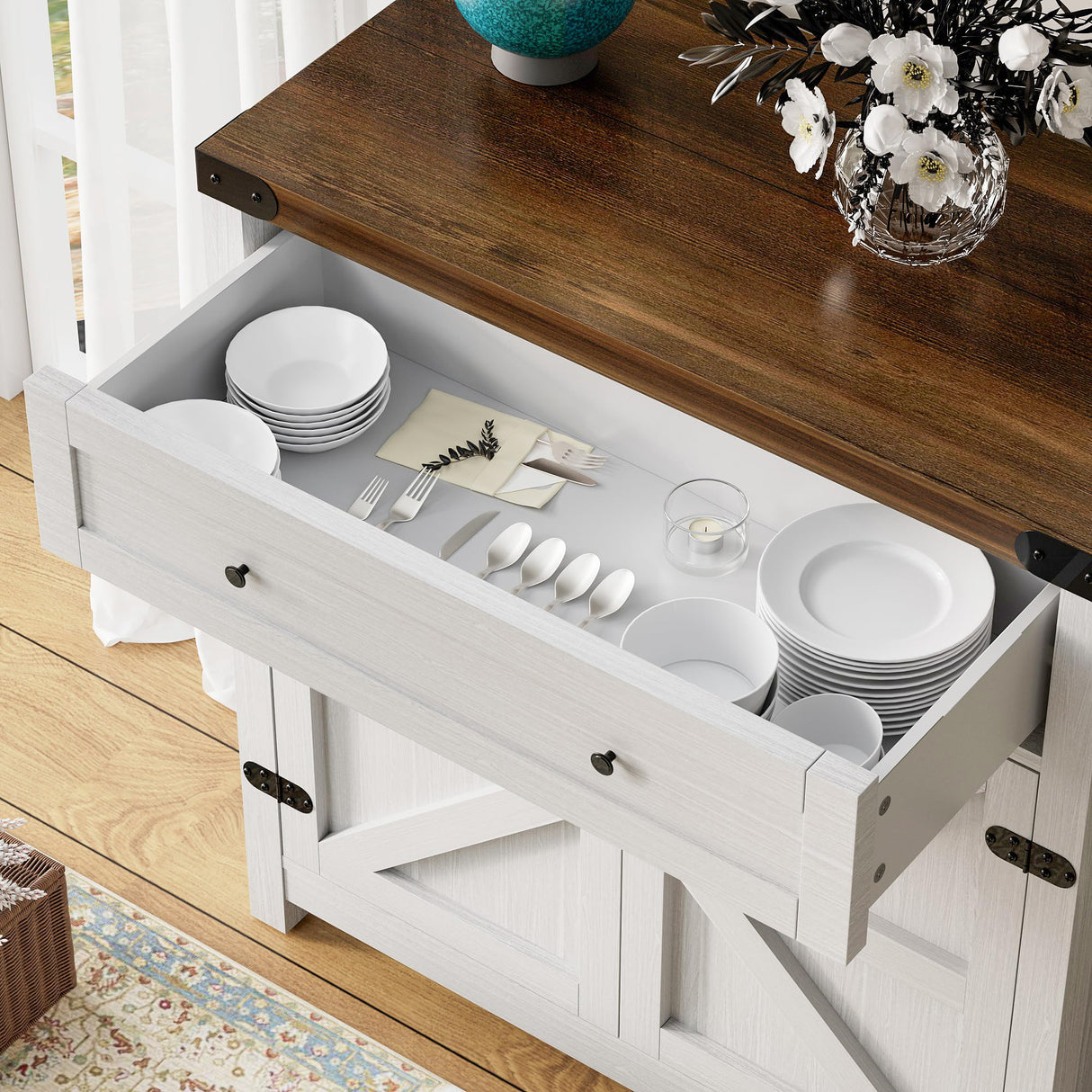 Flamaker Sideboard Buffet Cabinet with Storage, Farmhouse Coffee Bar Cabinet with 1 Drawer and 2 Barn Doors, Barn Door Console Table, Storage Cabinet for Kitchen, Dining Room, Entryway (White) Flamaker