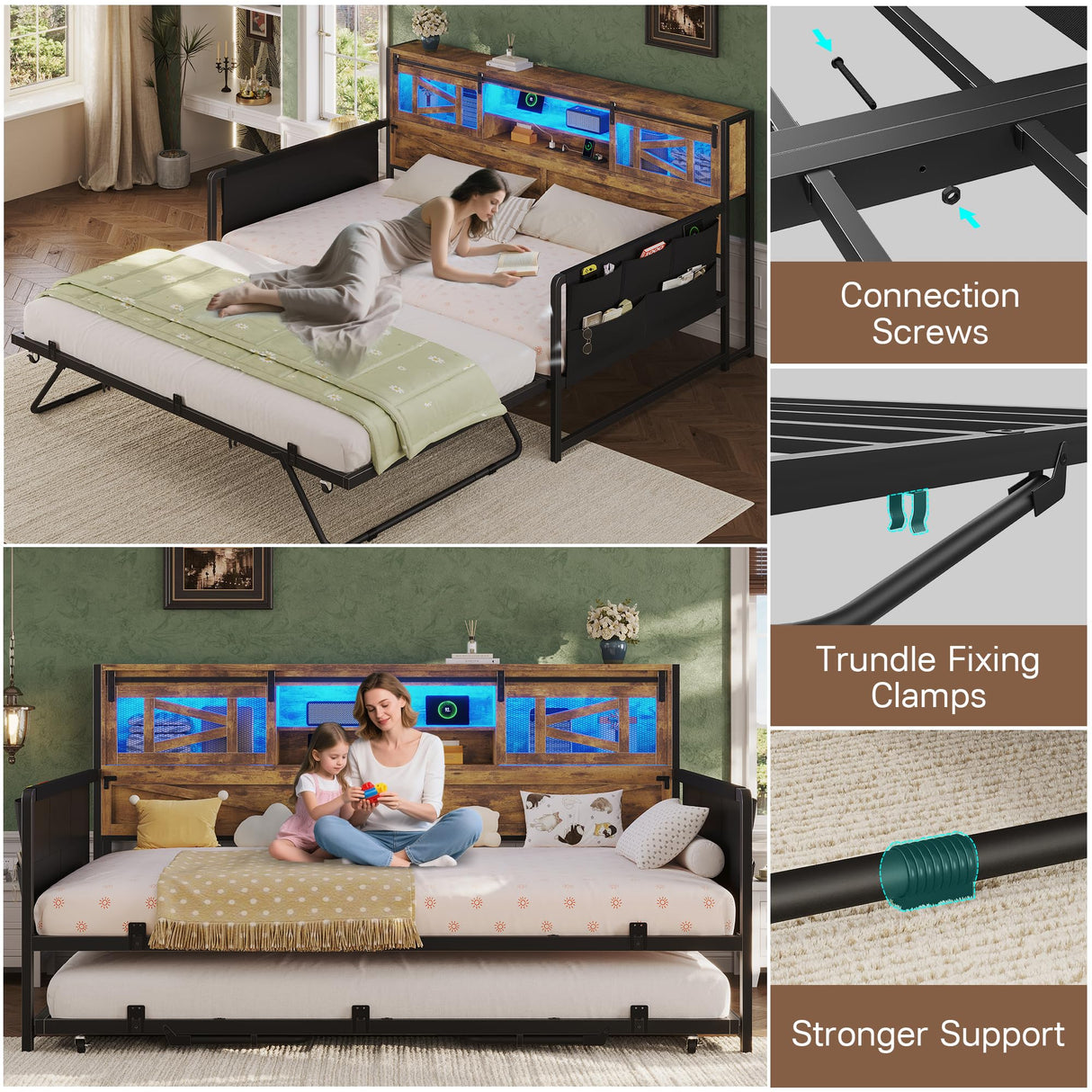 Dnxao Daybed with Pop Up Trundle,Farmhouse Twin to King Daybed with 2-Tier Storage,LED Lights and Charging Station,2 Storage Pockets,Twin Bed Frame for Living Room,Bedroom,Rustic Brown Dnxao