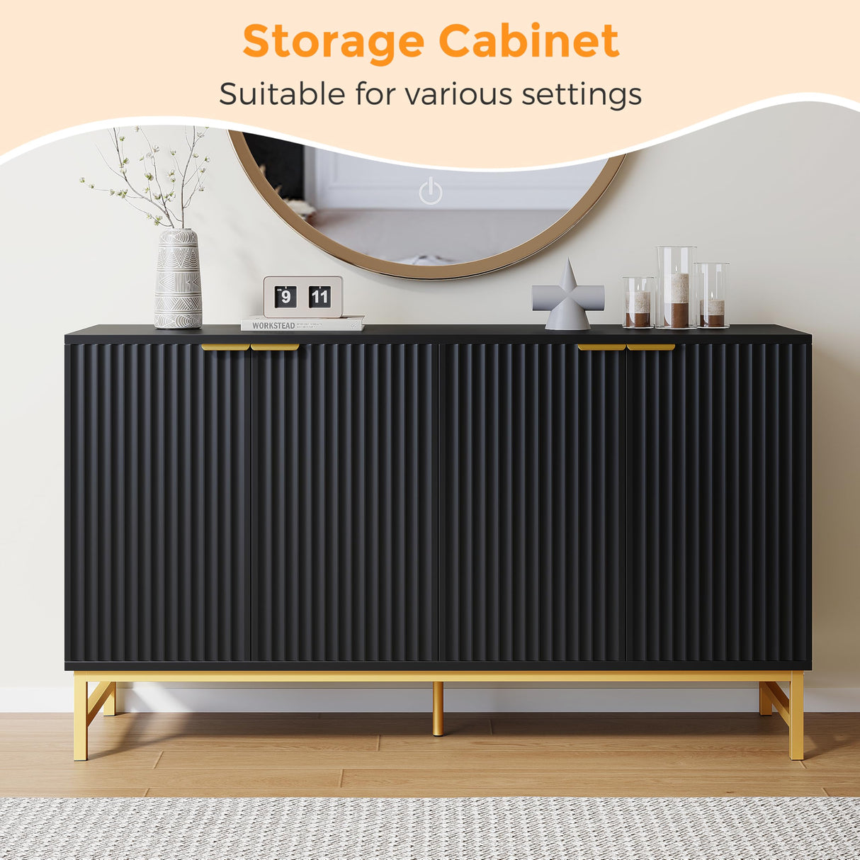 Luoxiao Fluted Sideboard Buffet 55" Console Table for Entryway Modern Credenza Accent Cabinet with Adjustable Shelves Coffee Bar Cabinet for Living Room, Kitchen, Dining Room,Hallway Black Luoxiao