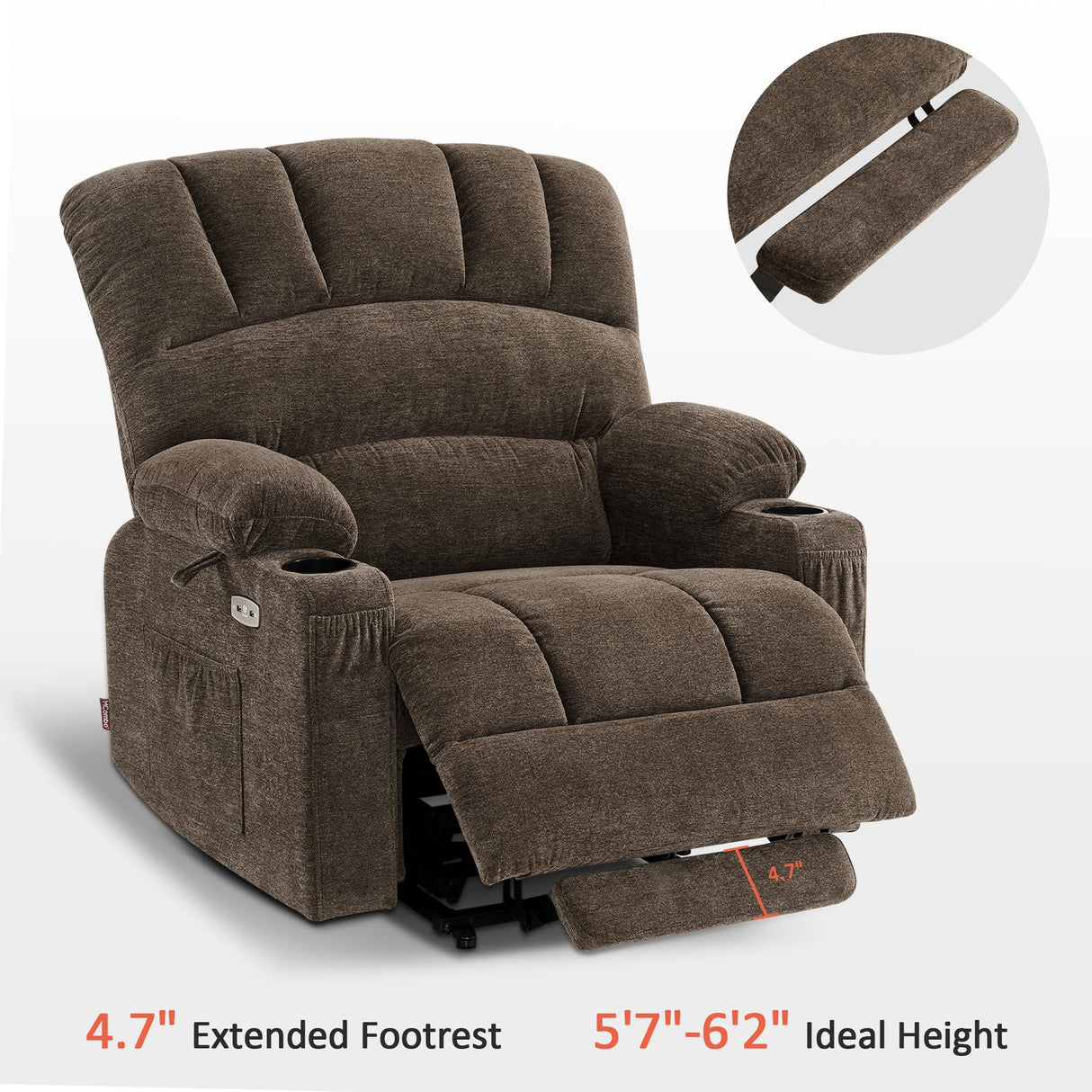 MCombo Large Power Lift Recliner Chair Sofa with Massage and Heat for Big Elderly People, USB Ports, Side Pockets, Fabric R7092 (Coffee, Large-Wide) MCombo