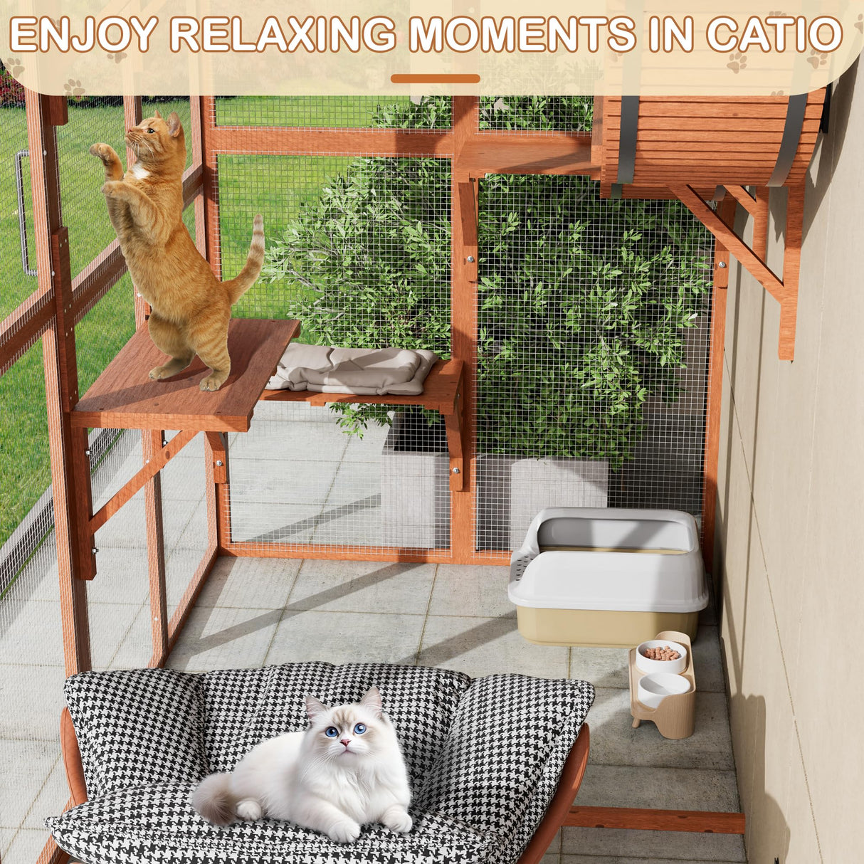 Large Walk-in Catio Wooden cat Houses for Multiple Outdoor Cats, Outdoor cat Enclosure with 4 Bridges & Transparent PVC Roof & sisal Scratcher, Kitty cat Condo Shelters (Orange) QUYZE