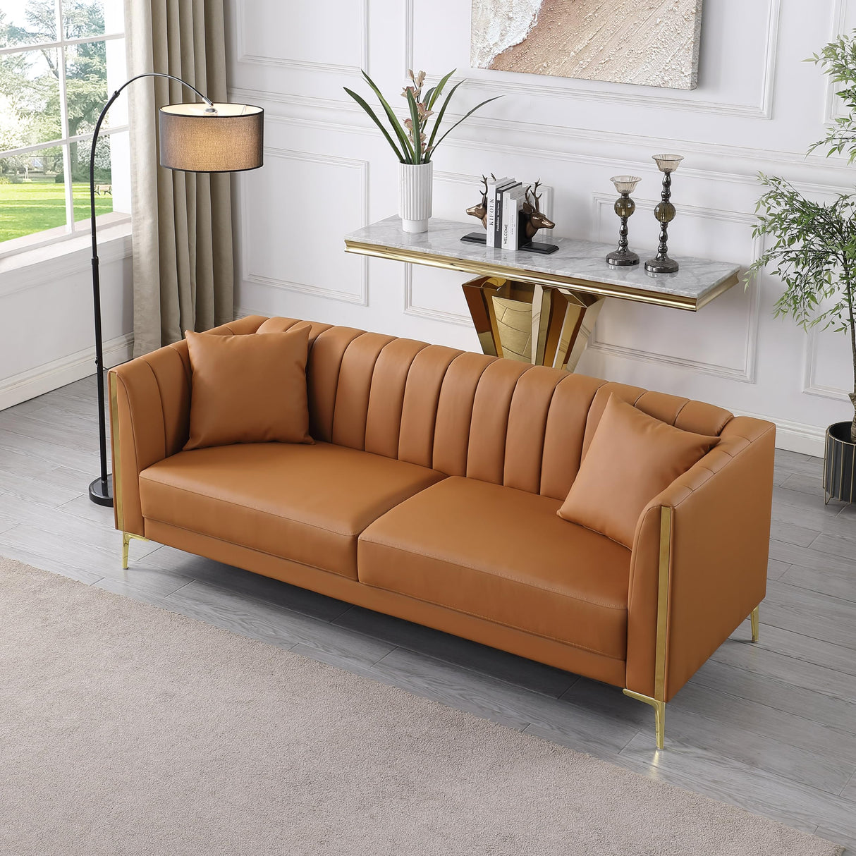 FOTOSOK 78'' Sofa, Modern Leather Couches for Living Room, Comfy, Faux Leather Sofa 3 Seater Sofa with 2 Throw Pillows and Gold Metal Legs, Deep Seat Sofas (Brown) FOTOSOK
