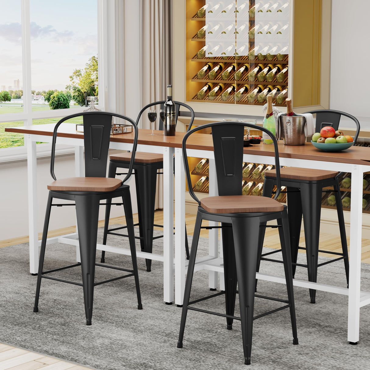 Alunaune 26" Swivel Metal Bar Stools Set of 4 High Back Counter Height Barstools Industrial Dining Bar Chairs with Large Wooden Seat-Matte Black Alunaune