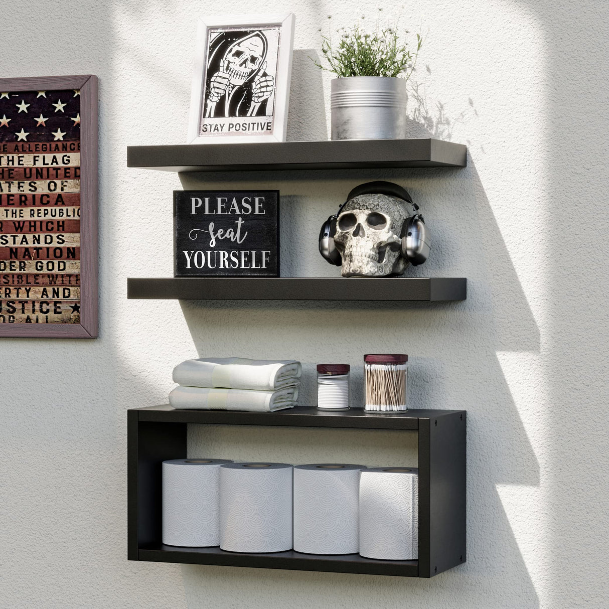 RICHER HOUSE Black Floating Shelves Set of 3, Modern Bathroom Shelves Wall Mounted Shelves for Wall Decor, Over Toilet Black Wall Shelves for Bathroom Bedroom, Living Room, Kitchen - Black RICHER HOUSE