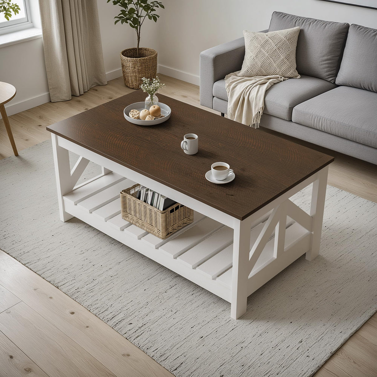 YESHOMY Farmhouse Coffee Table, Wood Square Open Storage Compartment for Living Room, Brown and White YESHOMY
