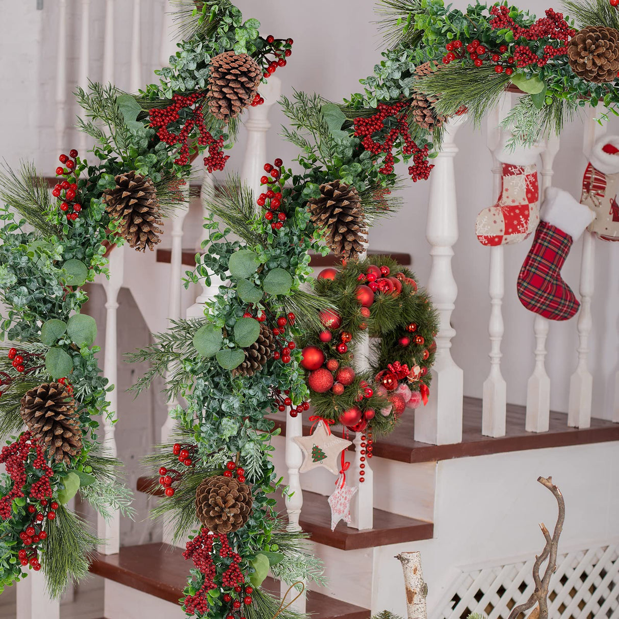 Winlyn 6' Long Artificial Eucalyptus and Pine Christmas Garland with Pine Cones Red Berries Pine Needles Winter Greenery Garland Christmas Season Holiday Wedding Table Runner Centerpiece Mantel Decor Winlyn