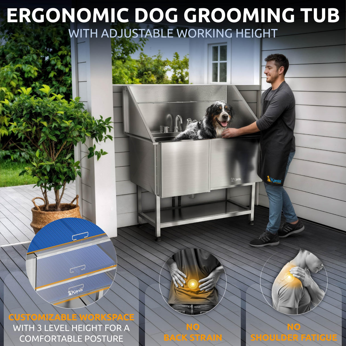 KANIS Professional Dog Washing Station - 304 Stainless Steel Pet Wash Sink & Grooming Bathtub w/Shower, Floor Grates and Storage for Large, Medium & Small Pets (50", Shelf - Left Ramp) KANIS