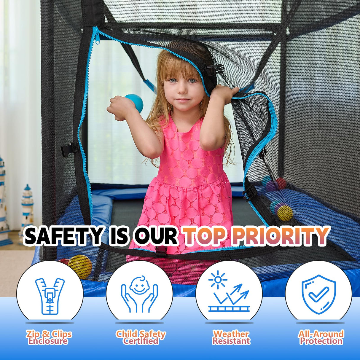 6FT Rectangle Toddler Trampoline with Swing & Horizontal Bar, Enclosure Safety Net, ASTM Approved – Indoor/Outdoor Kids Trampoline, Blue Calmmax