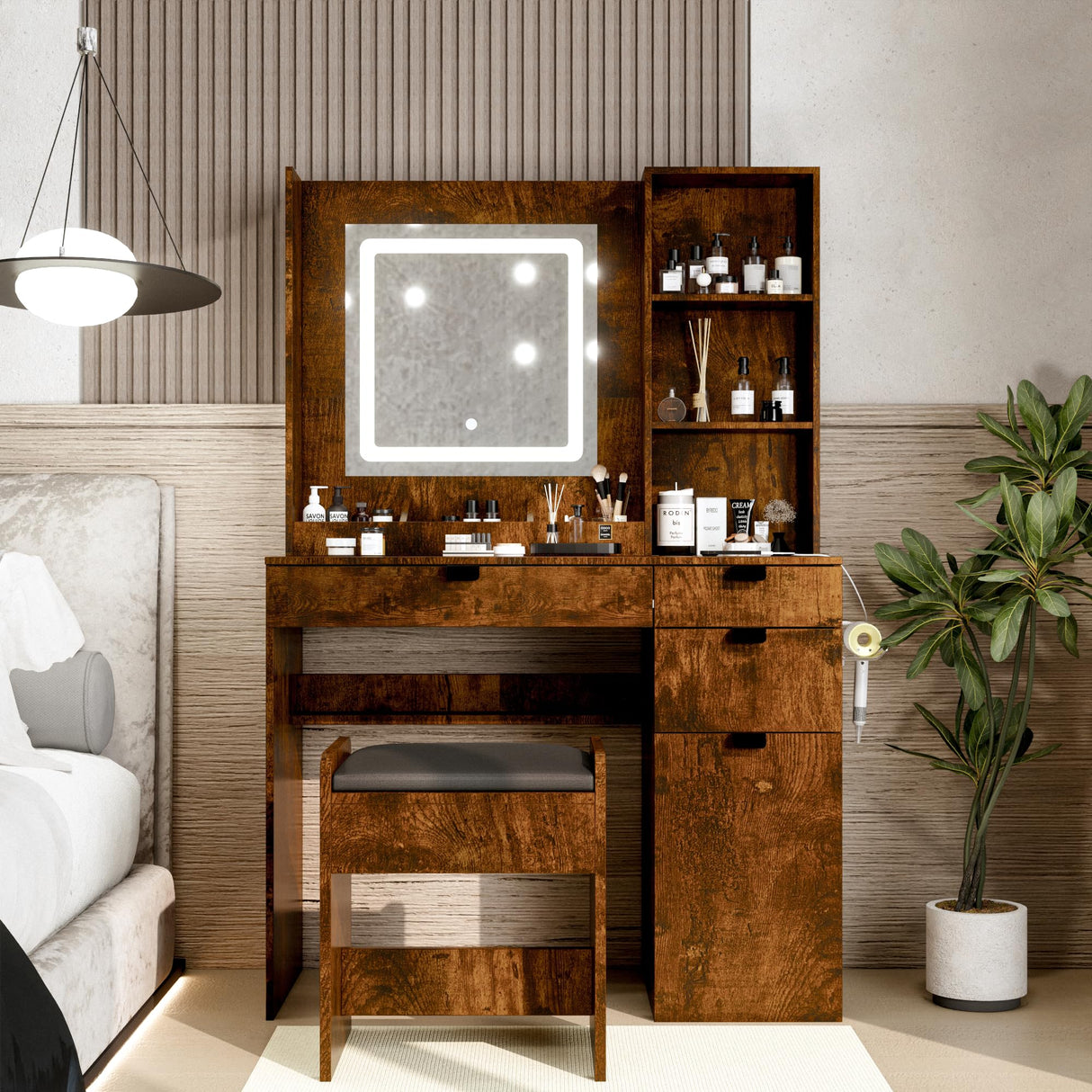 NEDYO Vanity with Mirror and Lights, Makeup Vanity Table Set, Dressing Table, Small Wood Vanity with Chair, Touch-Sensitive Dimmable Mirror, Shelves and Drawers. Industrial Style Vintage Brown NEDYO