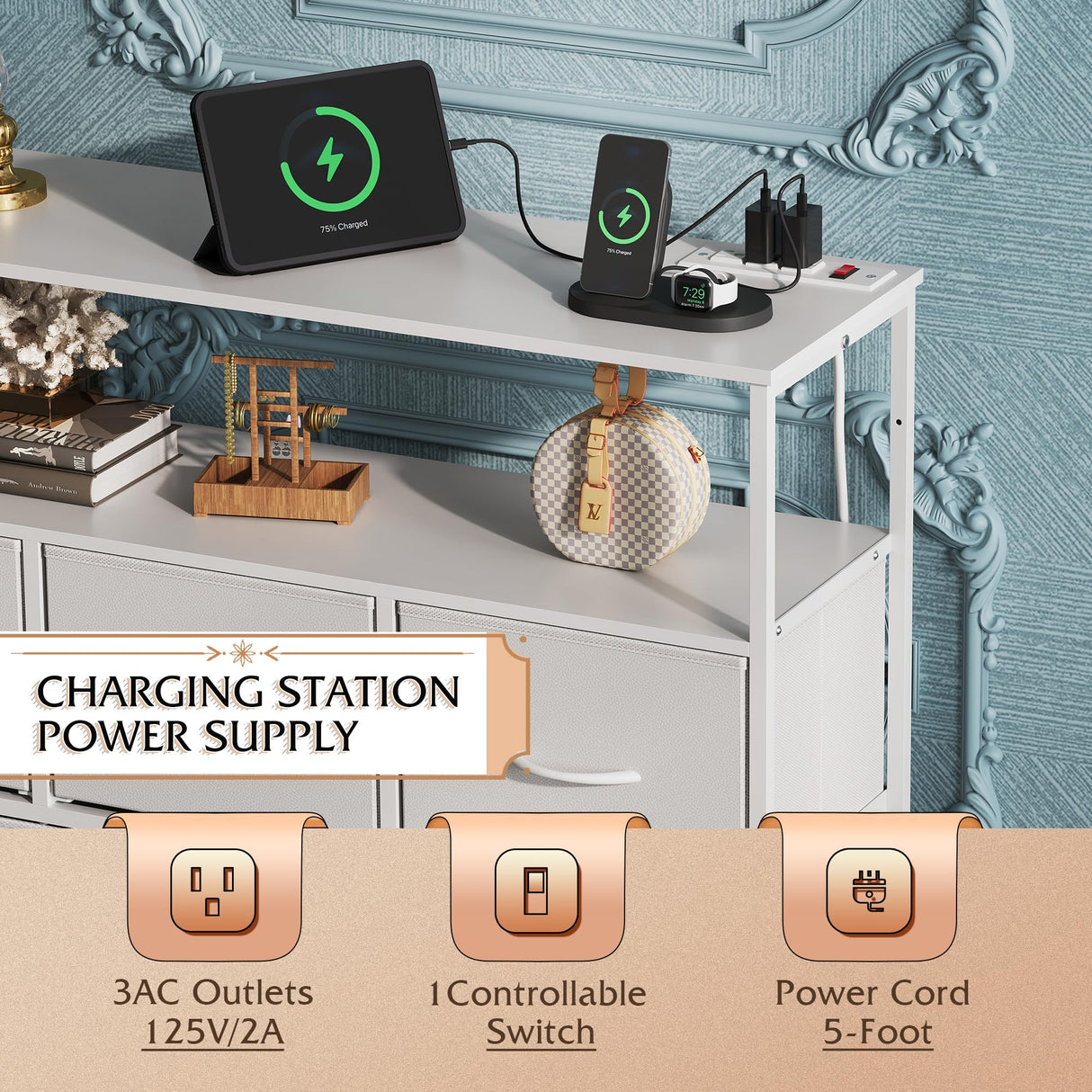 WLIVE White Dresser for Bedroom with 5 Fabric Drawers, Entertainment Center with Open Shelf and Power Outlet for 45 inch TV, Dresser TV Stand with Storage for Closet, Hallway, College Dorm WLIVE