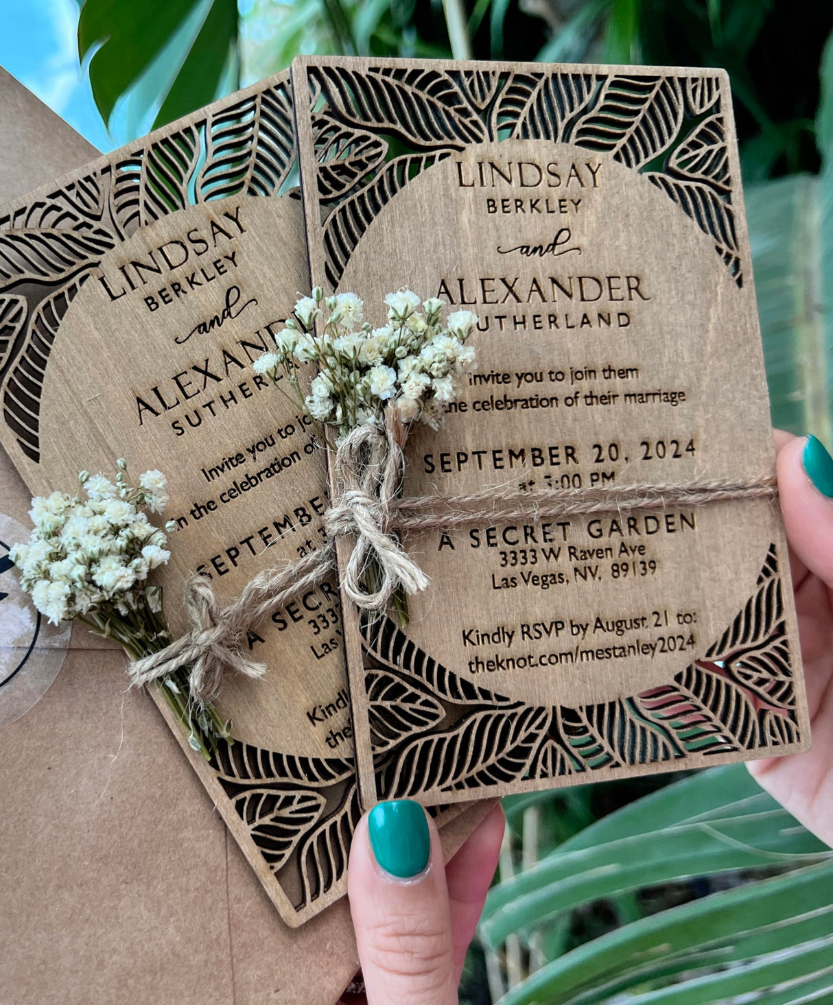 Pack of Personalized Wood Wedding Invitation - Laser Cut Wedding Invitations - White Flower Twined Wooden Invitations with Envelopes & Stickers - vitawed