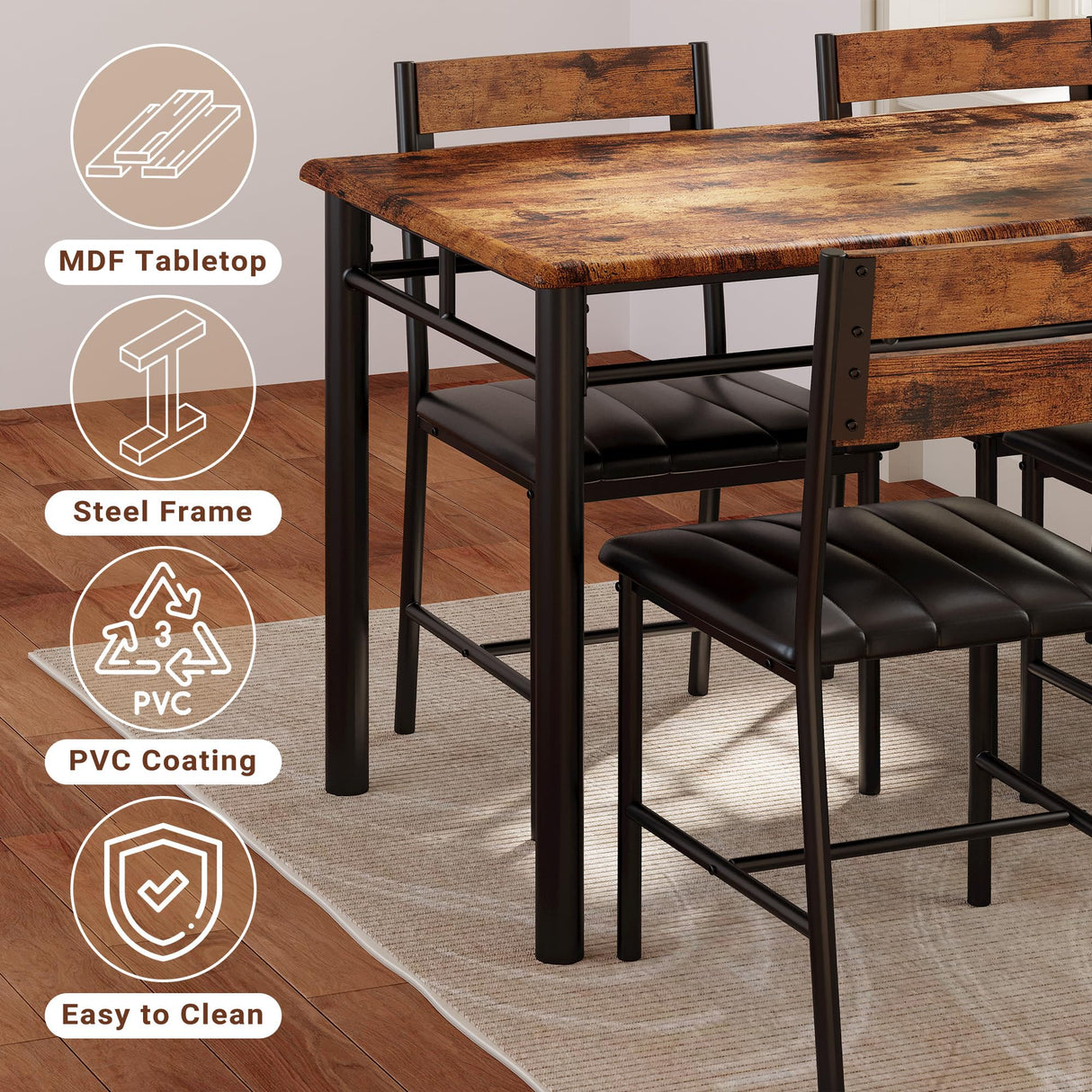 IRONCK Dining Table Set for 4, Wood Kitchen Table with Upholstered Chairs Dinning Table Set for Kitchen & Dining Room, Compact Dining Set for Small Spaces, Rustic Brown IRONCK