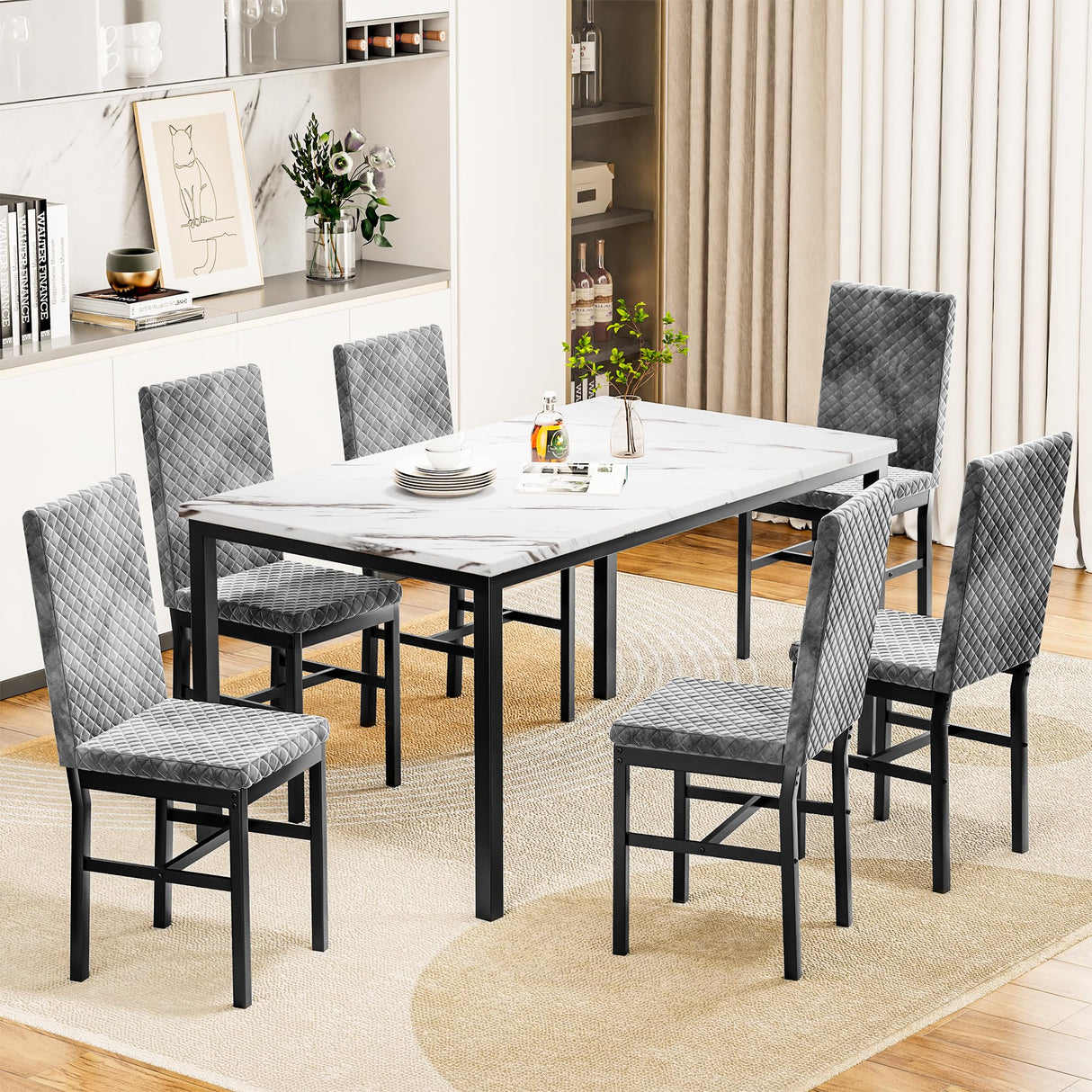 Recaceik 7 Piece Dining Table Set for 6 with Chairs of Velvet Foam, Faux Marble Kitchen Dining Table Set for Small Space, Living Room, Apartment (Grey) Recaceik