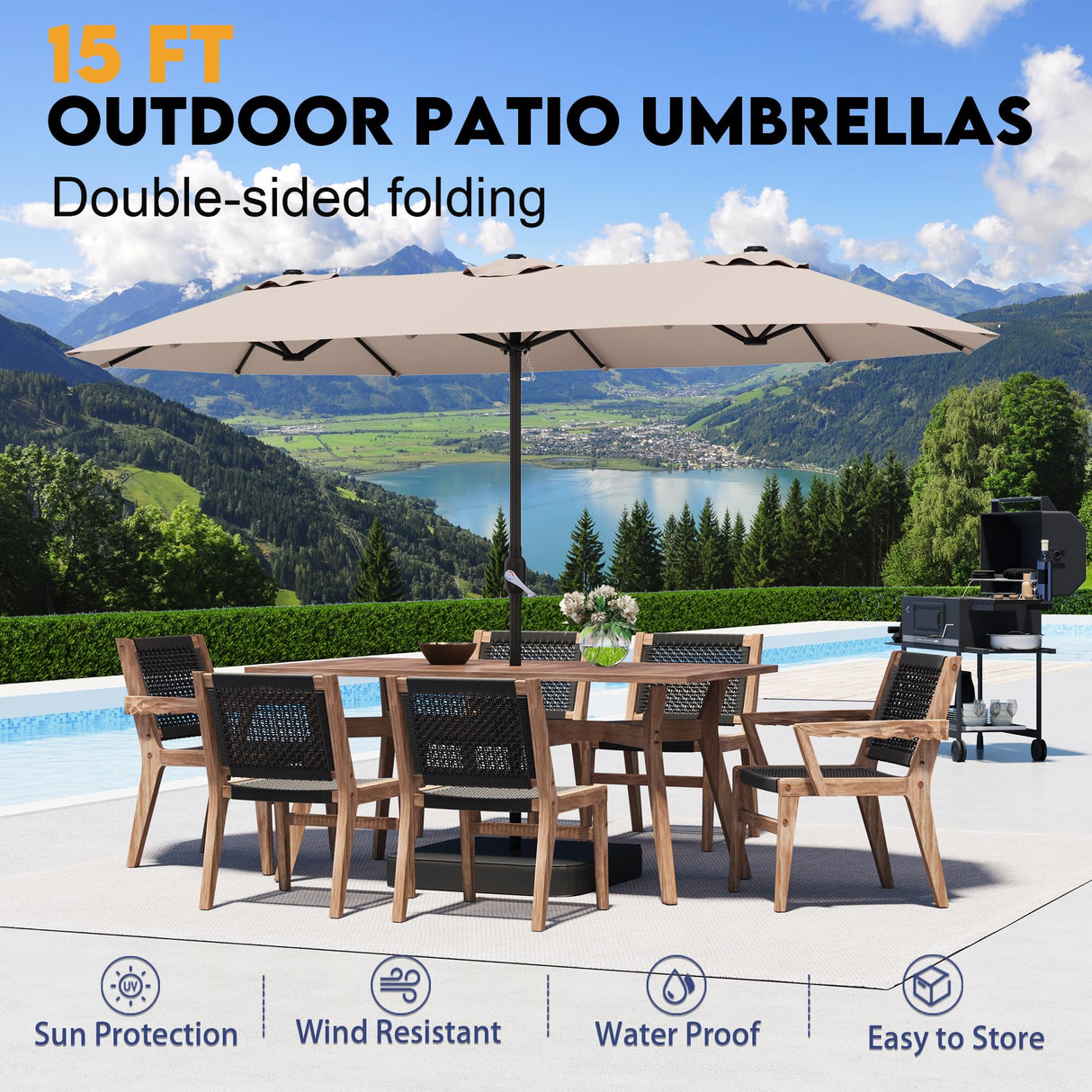 DomeShade 15ft Patio Umbrella with Base,Large Outdoor Double-Sided Rectangle Umbrella with Crank Handle, Market Umbrella for Poolside Garden Deck Backyard Beach Pools, Beige DomeShade