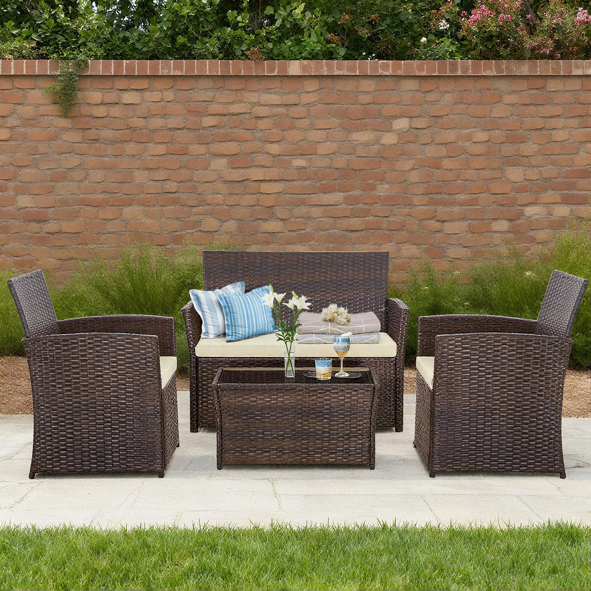 Seogwisam 4 Piece Patio Furniture Set, Outdoor Wicker Conversation Set, Rattan Sectional Sofa Couch with Glass Coffee Table & Thick Cushion for Backyard, Porch, Garden, Poolside, Brown/Beige Seogwisam