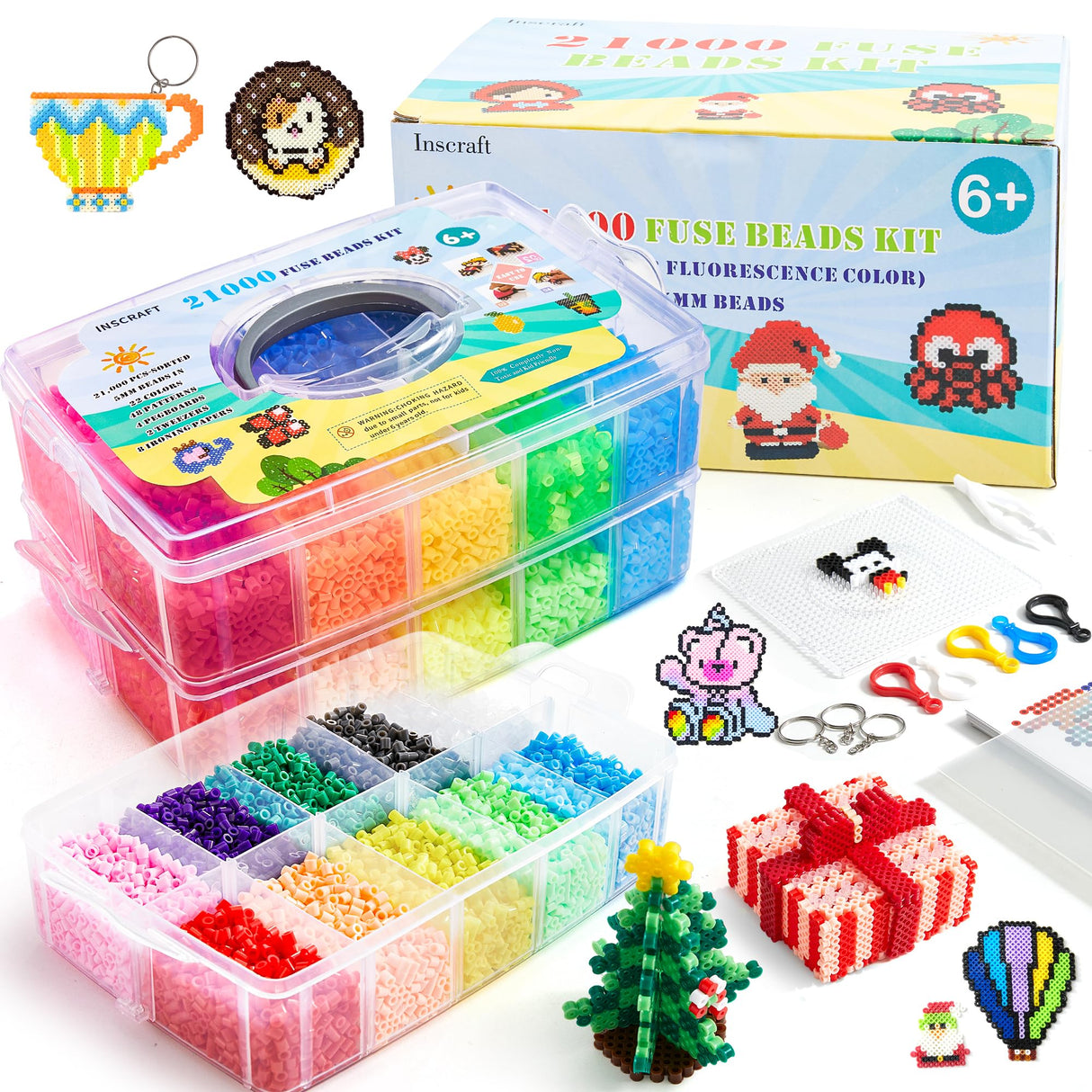 Fuse Beads, 21,000 pcs Fuse Beads Kit 22 Colors 5MM for Kids, Including 8 Ironing Paper,48 Patterns, 4 Pegboards, Tweezers, Beads Compatible Kit by INSCRAFT INSCRAFT
