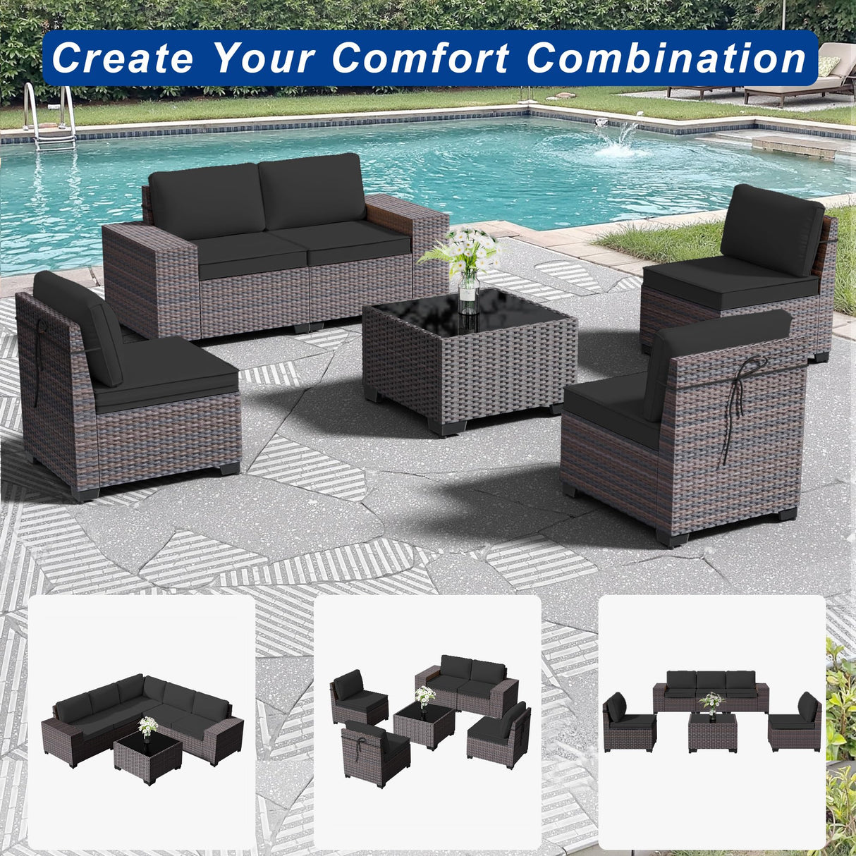 ASJMR Outdoor Patio Furniture Set, 6 Pieces Outdoor Sectional Furniture High Backrest Patio Sofa, All-Weather PE Rattan Patio Conversation Set with Coffee Table & Cushions-Black ASJMR