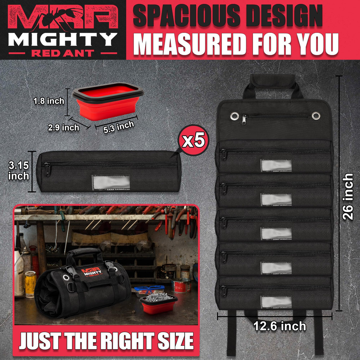 Mighty Red Ant Tool Roll - Tool Bags | Roll Up Tool Bag | Tool Bag Organizer | Tool Roll Up Bag W/5 Large Pouches | Tool Roll Bag for Men | Rolling Tool Bag | Gifts for Dad | Heavy Duty Tool Bag Mighty Red Ant