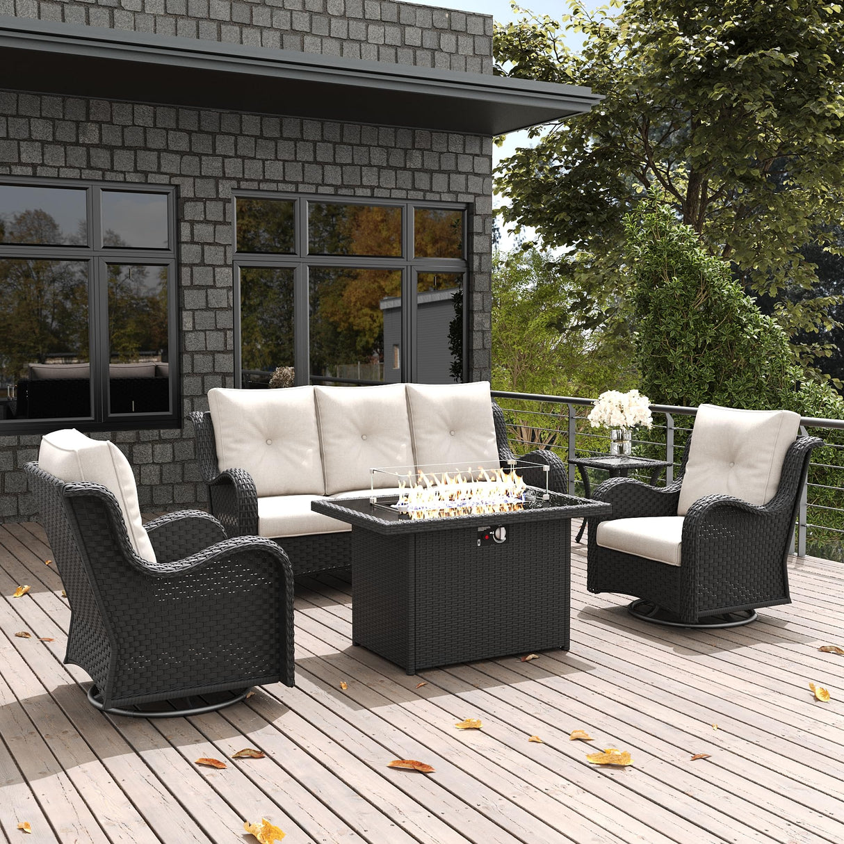 LayinSun 5 Pieces Outdoor Patio Furniture Set with Fire Pit Table, Rattan Wicker Sectional Swivel Rocker Chairs Sets with Swivel Glider Chair and Coffee Table LayinSun