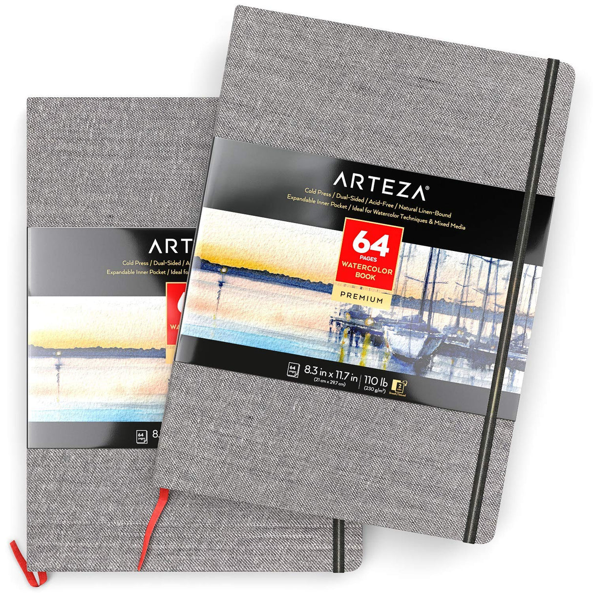ARTEZA Watercolor Book, Pack of 2, 64 Pages Each, 8.3x11.7 Inches Watercolor Journal, 110lb/230gsm Water Color Book ARTEZA