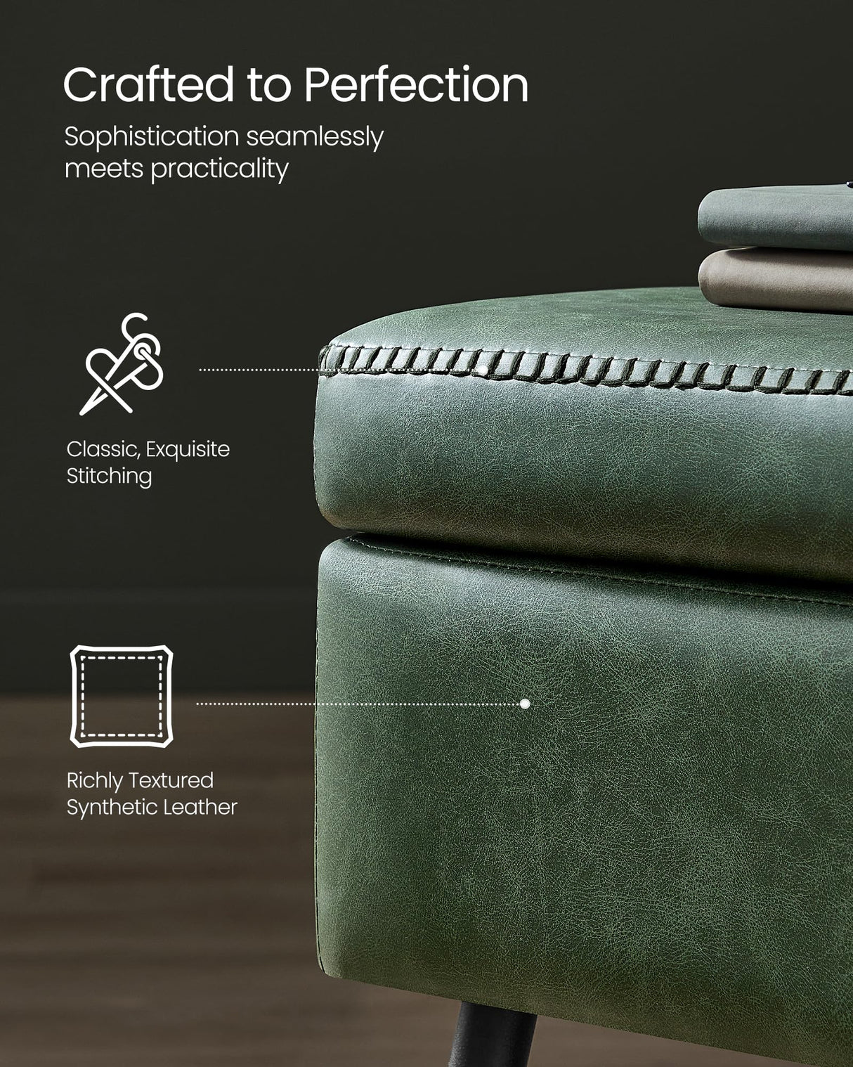 VASAGLE EKHO Collection - Storage Ottoman Bench, Entryway Bedroom Bench, 15 Gallons, Synthetic Leather with Stitching, Mid-Century Modern, Safety Hinges, Loads 660 lb, Forest Green ULOM074C01 VASAGLE