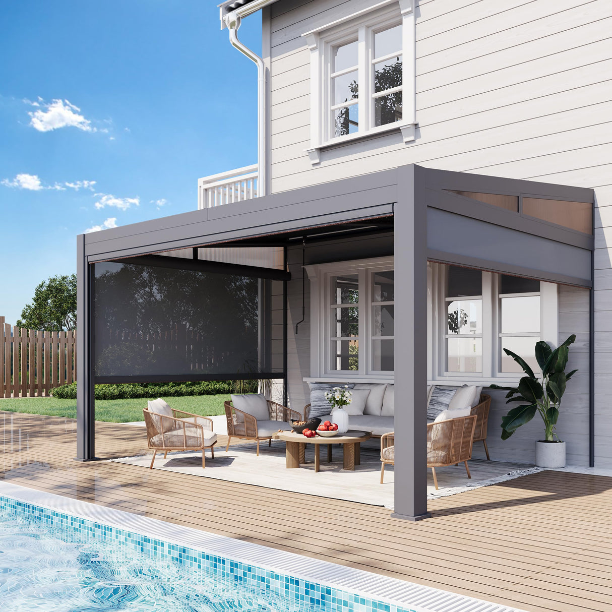 MELLCOM Louvered Pergola with Screen 10x13, Wall-Mounted Adjustable Pergola, Lean to Aluminum Gazebo with 3 Pull-Down Screen Sides and Adjustable Roof for Backyard, Dark Gray MELLCOM