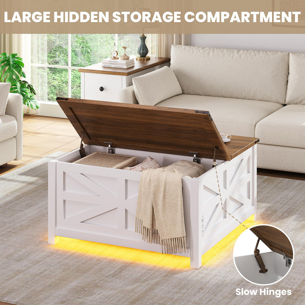 Seetech 35.8" Led Coffee Table with Lift Top Storage,Farmhouse Coffee Table for Living Room, Square Coffee Tables with Large Hidden Storage Compartment,AC Outlet and Adjustable Shelves,White Seetech