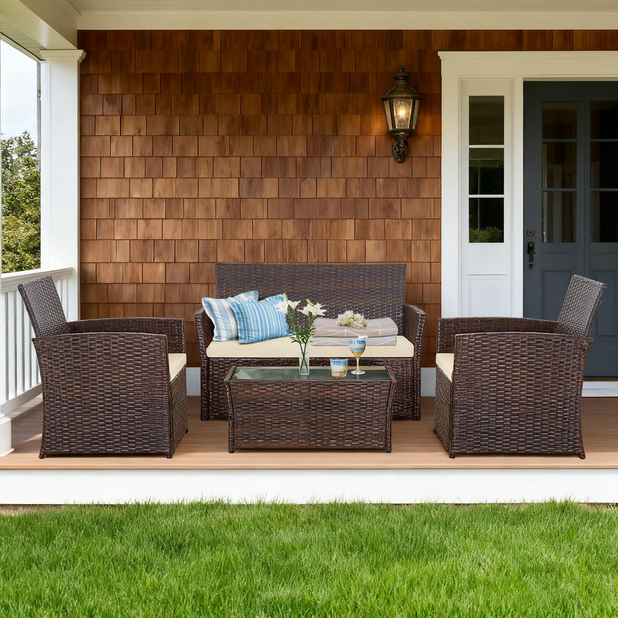 Seogwisam 4 Piece Patio Furniture Set, Outdoor Wicker Conversation Set, Rattan Sectional Sofa Couch with Glass Coffee Table & Thick Cushion for Backyard, Porch, Garden, Poolside, Brown/Beige Seogwisam