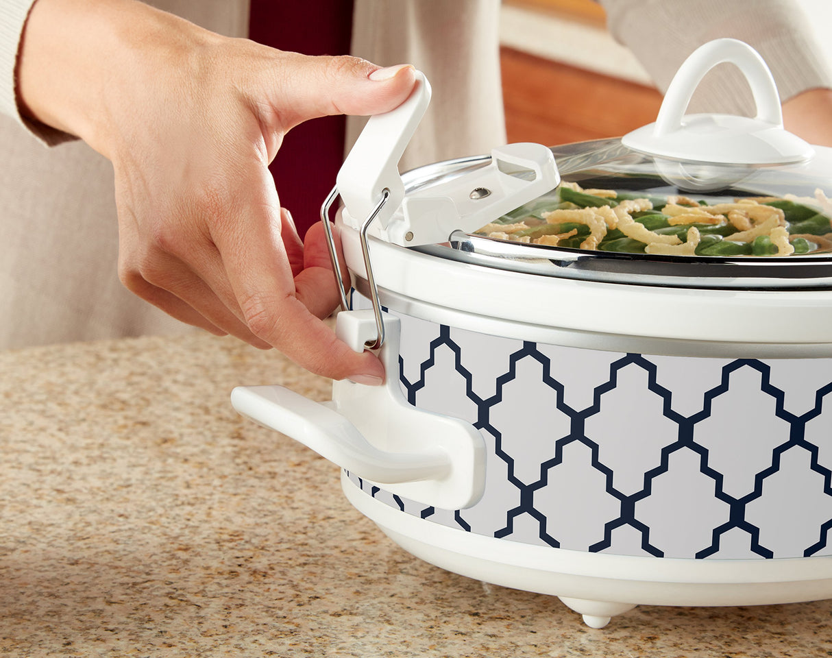 Crock-Pot Small 2.5 Quart Casserole Slow Cooker in White/Blue, Enjoy Eye-Catching Quick Meals, Durable and Compact Crock-Pot