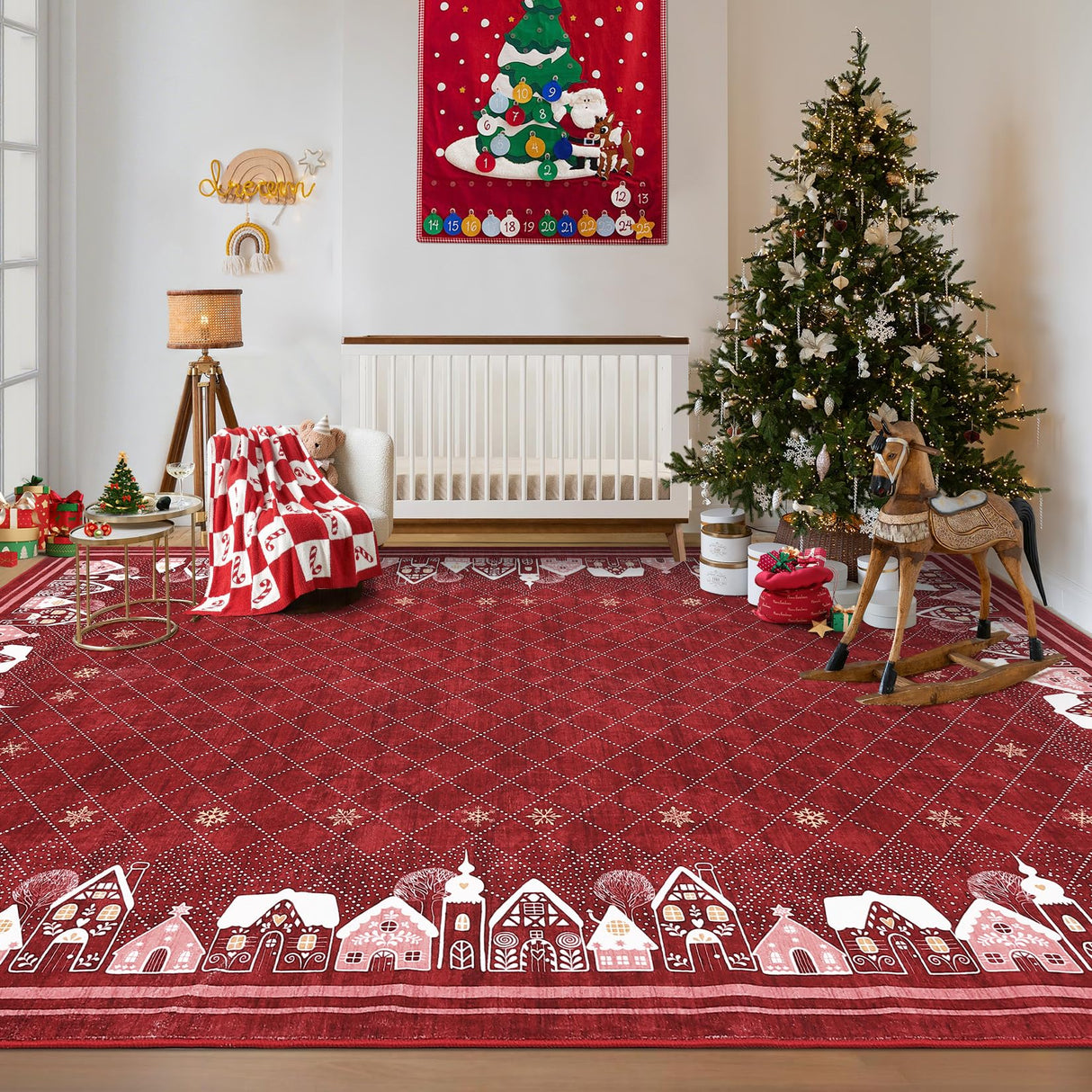 Christmas Area Rug 5x7 for Bedroom Living Room Non Slip Large Dining Room Holiday Decor Throw Carpet Washable Rugs Xmas Decoration Bordered Area Rugs Bordered Carpet for Nursery Kitchen, Red GarveeHome