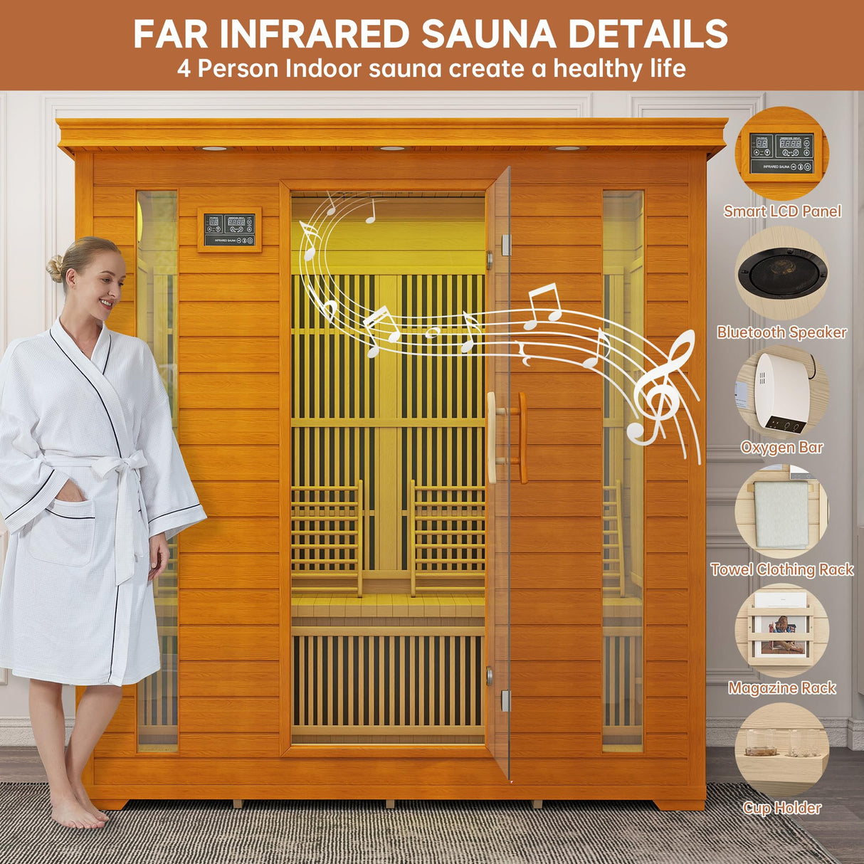 springspa 4 Person Infrared Sauna Room, Low EMF FAR Infrared Sauna for Home, Canadian Hemlock Wooden Indoor Sauna, with 10 Heating Panel, 2 LCD Panel, Bluetooth Speaker, 7 Therapy Light springspa