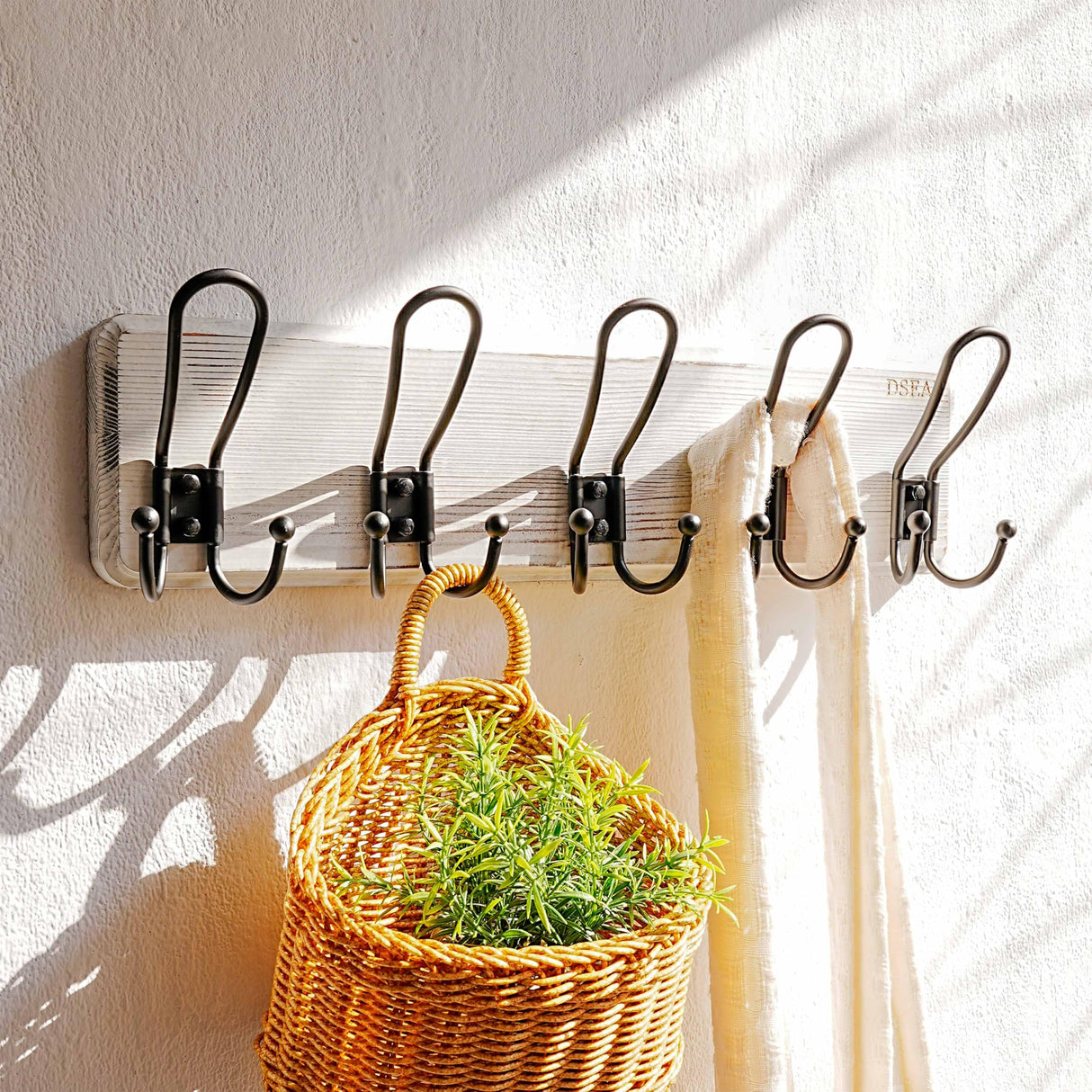 Dseap Coat Rack Wall Mounted - Heavy Duty Farmhouse Rustic Wall Coat Hanger with 5 Wire Hooks for Clothes Hat Jacket Towel, RusticWire, J1-5A, Whitewash & Black Dseap