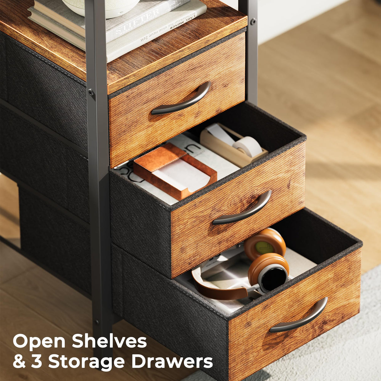 Huuger L Shaped Desk with Power Outlets, Computer Desk with 3 Drawers, 47 Inch Office Desk with Shelves, Gaming Desk, Corner Desk Work Desk for Home Office, Study, Rustic Brown Huuger