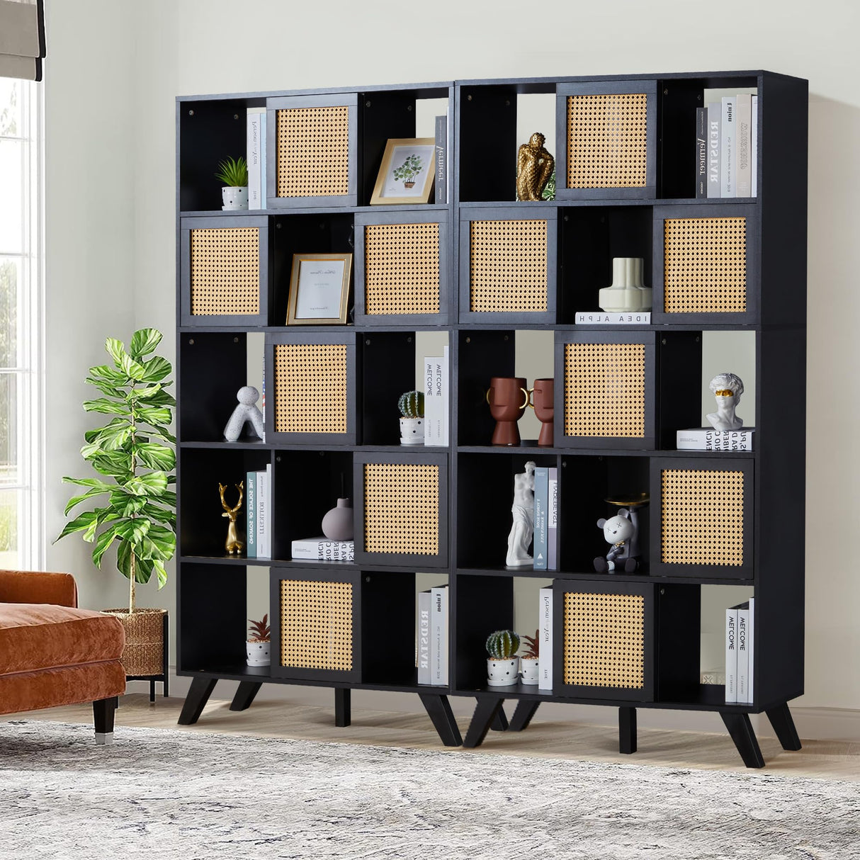 AVZEAR Kitchen Pantry Cabinet, 71” Farmhouse Solid Wood Storage Cabinet with Rattan Doors, Freestanding Storage Shelving Unit, Buffet Cupboards Cabinet for Kitchen Living Room (Black) AVZEAR