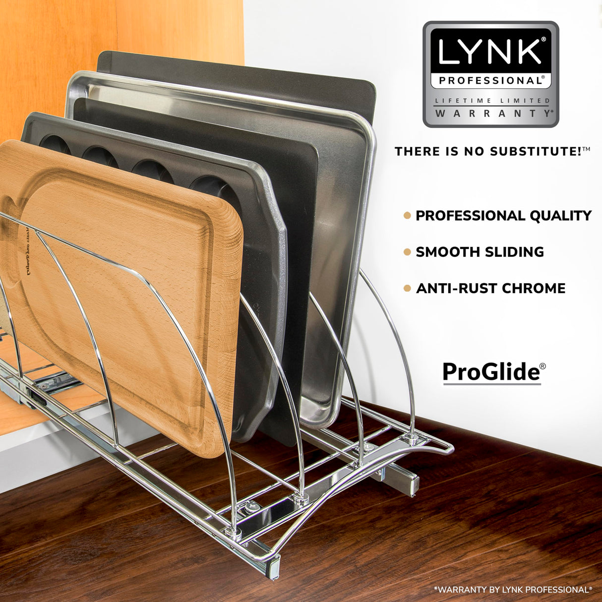 LYNK PROFESSIONAL® Pull Out Cutting Board, Cookie Sheet, and Baking Pan Organizer Rack - Lifetime Ltd. Warranty - Slide Out Kitchen Cabinet Storage Organizers – 10” x 21” Deep - Pullout Shelf, Chrome LYNK PROFESSIONAL