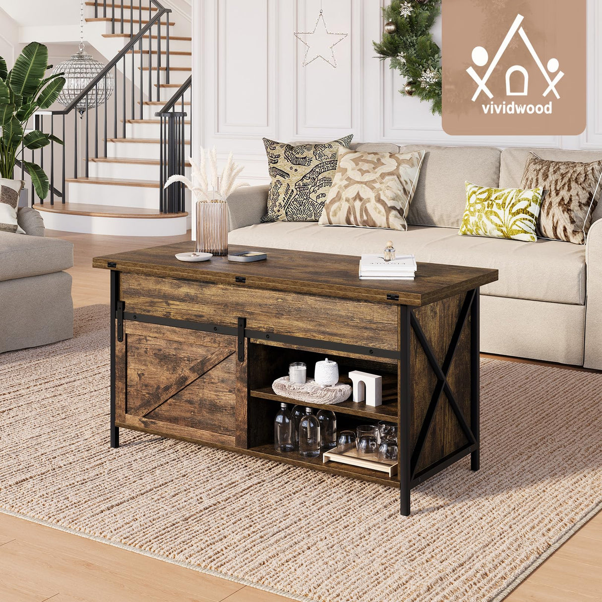 Vividwood Lift Top Coffee Table with Storage and Sliding Door, 4 in 1 Multi-Function Convertible Tea Table with Hidden Compartment, Farmhouse Center Table with Wood Lift Tabletop for Living Room Brown Vividwood