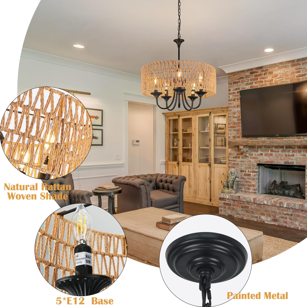 Bagood 5-Light Large Boho Rattan Pendant Lighting with Hand Woven Wicker Shade 19.7" Wicker Light Fixture Farmhouse Rattan Chandelier Drum Pendant Light Fixture for Dining Room Living Room Kitchen Bagood