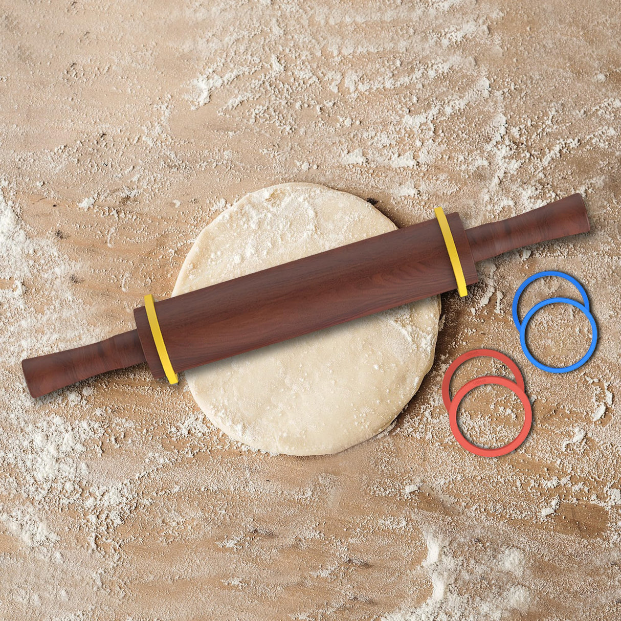 Mepple Classic Wooden Rolling Pin with Handle for Fondant, Pizza, Pies, Cookies, Pastries, Rolling Pin for Baking with 3 Multi-Color Thickness Rings, 17" x 2.5" Natural Sapele Rolling Pin Mepple
