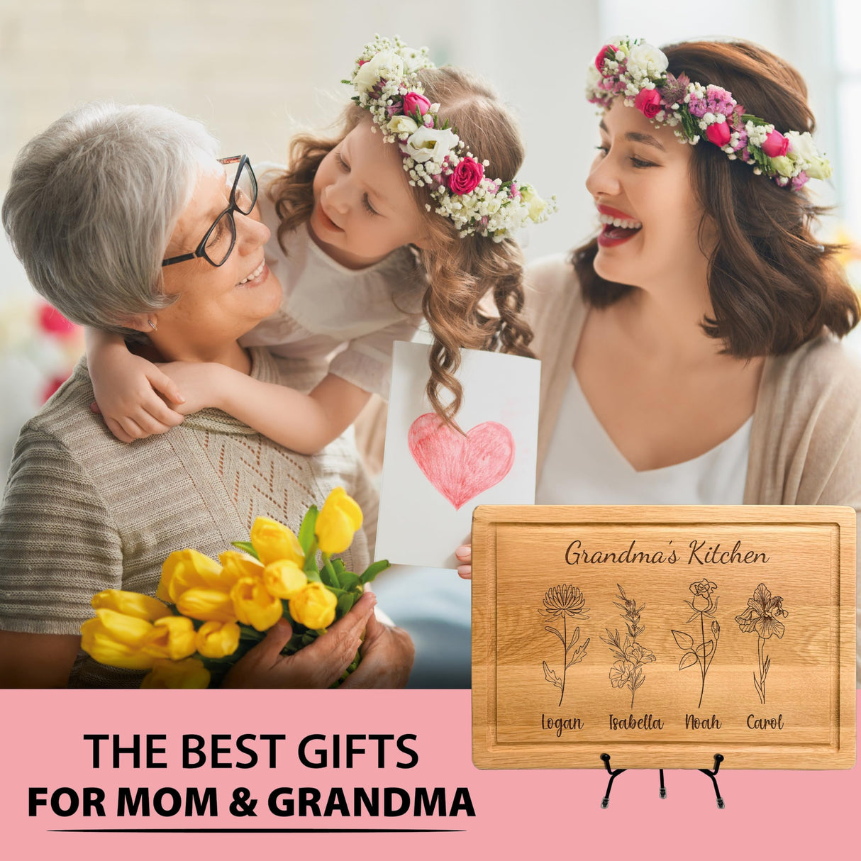 Personalized Cutting Board For Mom - Grandma, Birth Flower Grandmom's Garden, Mothers Day Gifts For Grandma, Christmas and Birthday Gifts For Mom From Son, Daughter, Chopping Board for Mama's Kitchen Generic