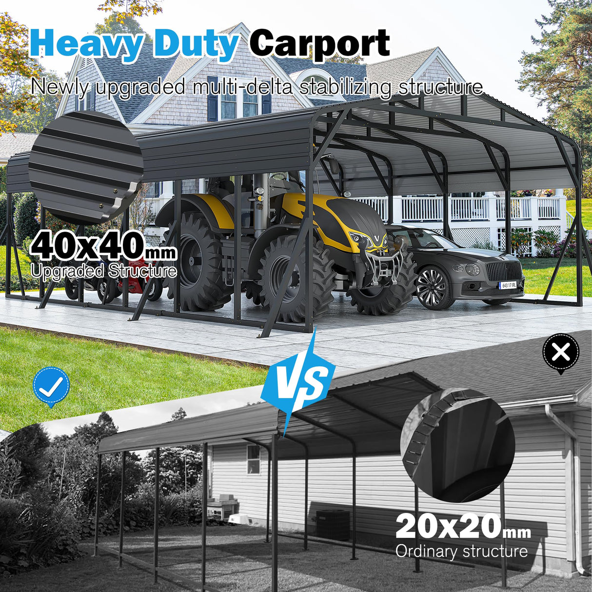 AirWire Carport Canopy 20’X30’ Heavy Duty Car Port Galvanized Steel Roof, Reinforced Stable Triangle Frame for Snowy Windy Metal Carports Enhanced Base Car Tent for Car,RV,Pickup,Boat,Truck,Tractor AirWire