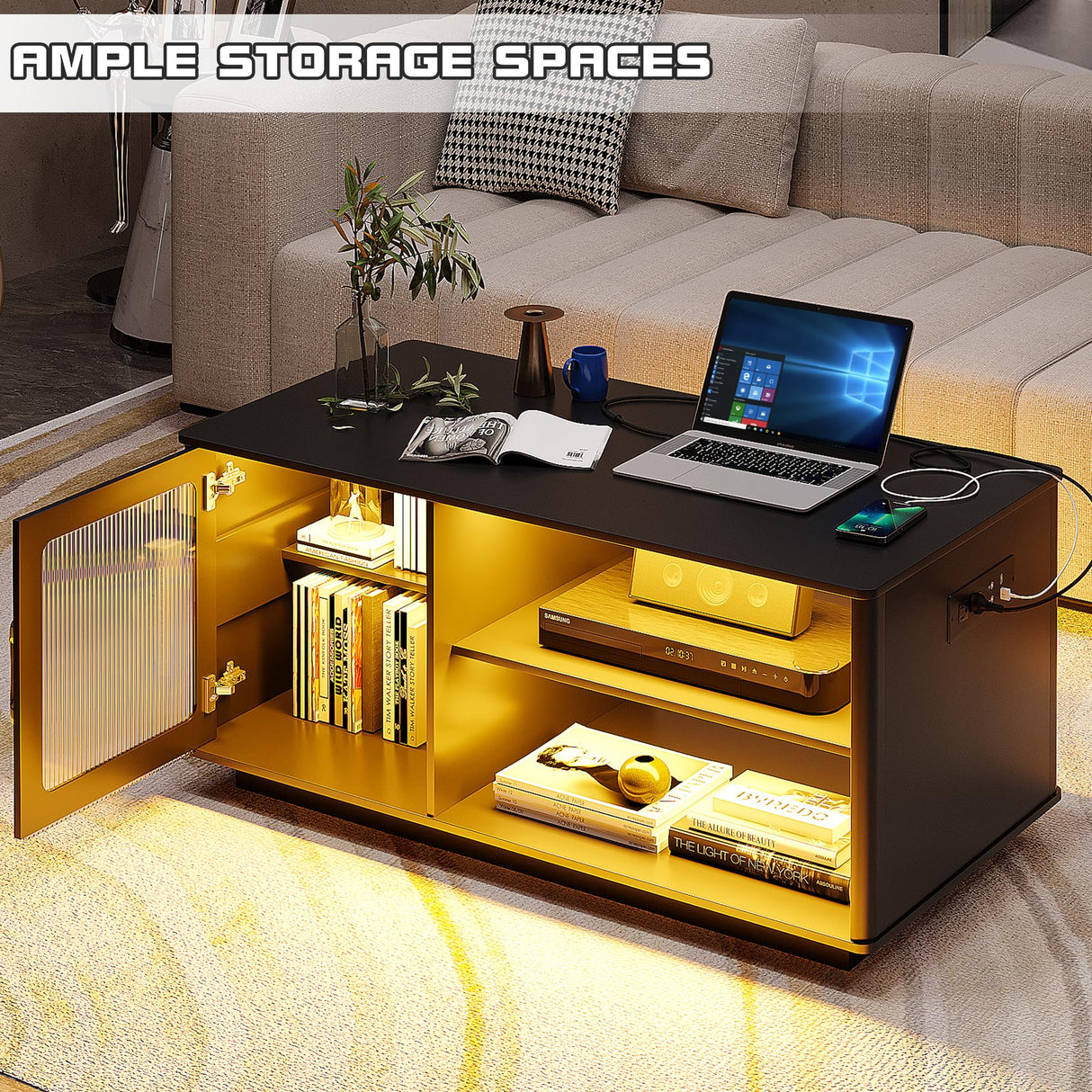 Lvifur 43'' Coffee Table with LED Lights & Charging Station, 3 Color Dimmable Auto Sensor Dining Table with 2 Storage Shelf and 1 Drawer,Farmhouse Center Table for Living Room(Black) Lvifur