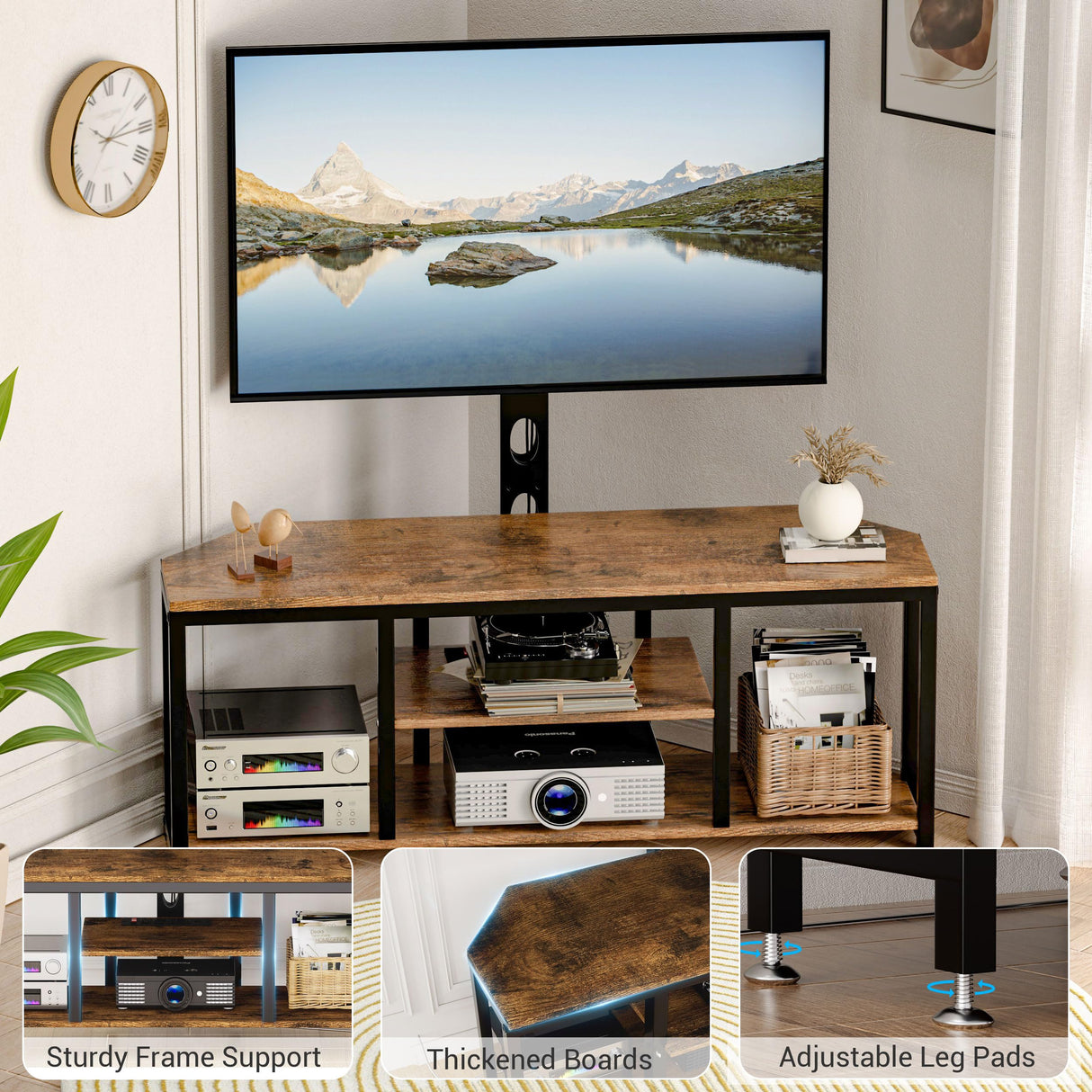 BACEKOLL TV Stand with Mount and LED Light, Corner TV Stand with Storage and Power Outlet, Swivel Television Stand Console for TV Up to 60", Entertainment Center for Living Room, Bedroom, Rustic Brown BACEKOLL