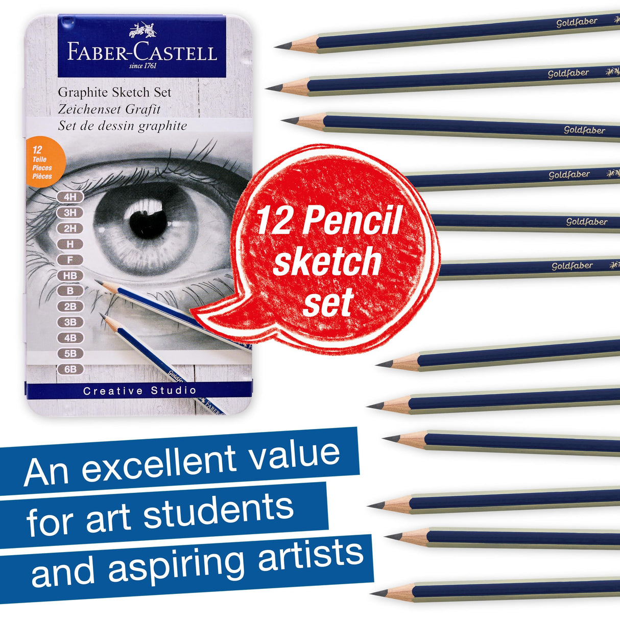 Faber-Castell Graphite Pencils Drawing Set: 12 Art Pencils for Sketching (4H, 3H, 2H, H, F, HB, B, 2B, 3B, 4B, 5B, and 6B), Shading Pencils for Drawing and Sketching, Graphite Pencil Kit Faber-Castell