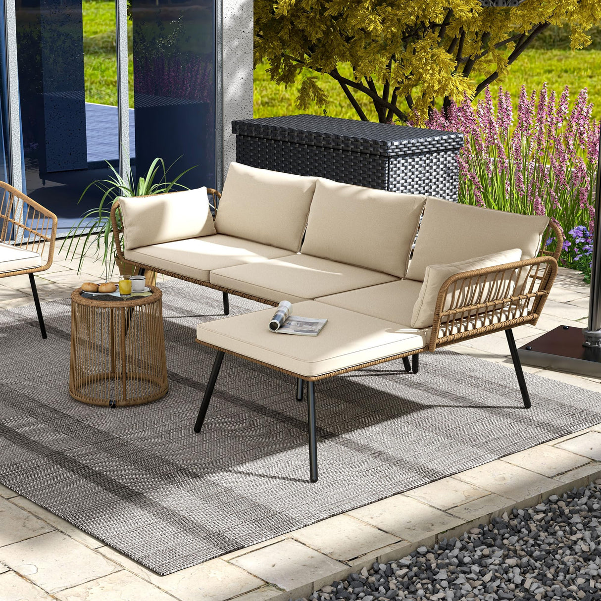 DWVO Patio Furniture Set 3 Piece Outdoor Wicker Conversation Set with Detachable Cushions and Coffee Table L-Shaped Sectional Sofa Set Outdoor Furniture Set for Backyard Porch Deck - Beige DWVO