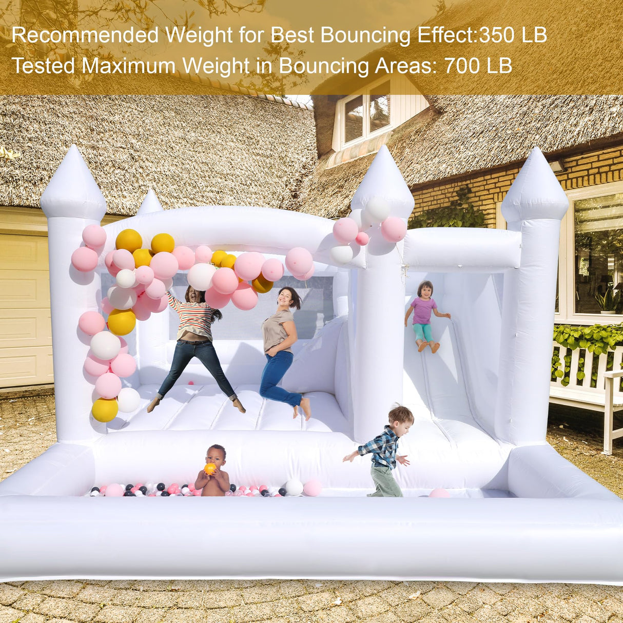 White Bounce House with Slide& Ball Pit for Adults,Commercial PVC 15FT Large Inflatable Bounce House Castle Outdoor with 950W Powerul Blower,Wedding Birthday Party Decorations 15x15x10FT awesmflate