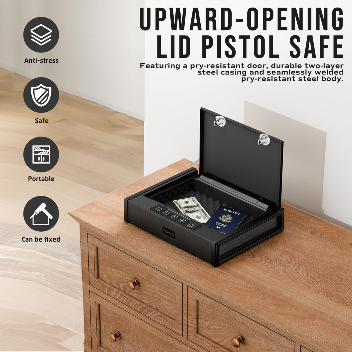 RPNB Gun Safe, Biometric Gun Safe for Pistols, Quick-Access Pistol Safe with Fingerprint & Digital Key Pad for 2 Guns and More RPNB